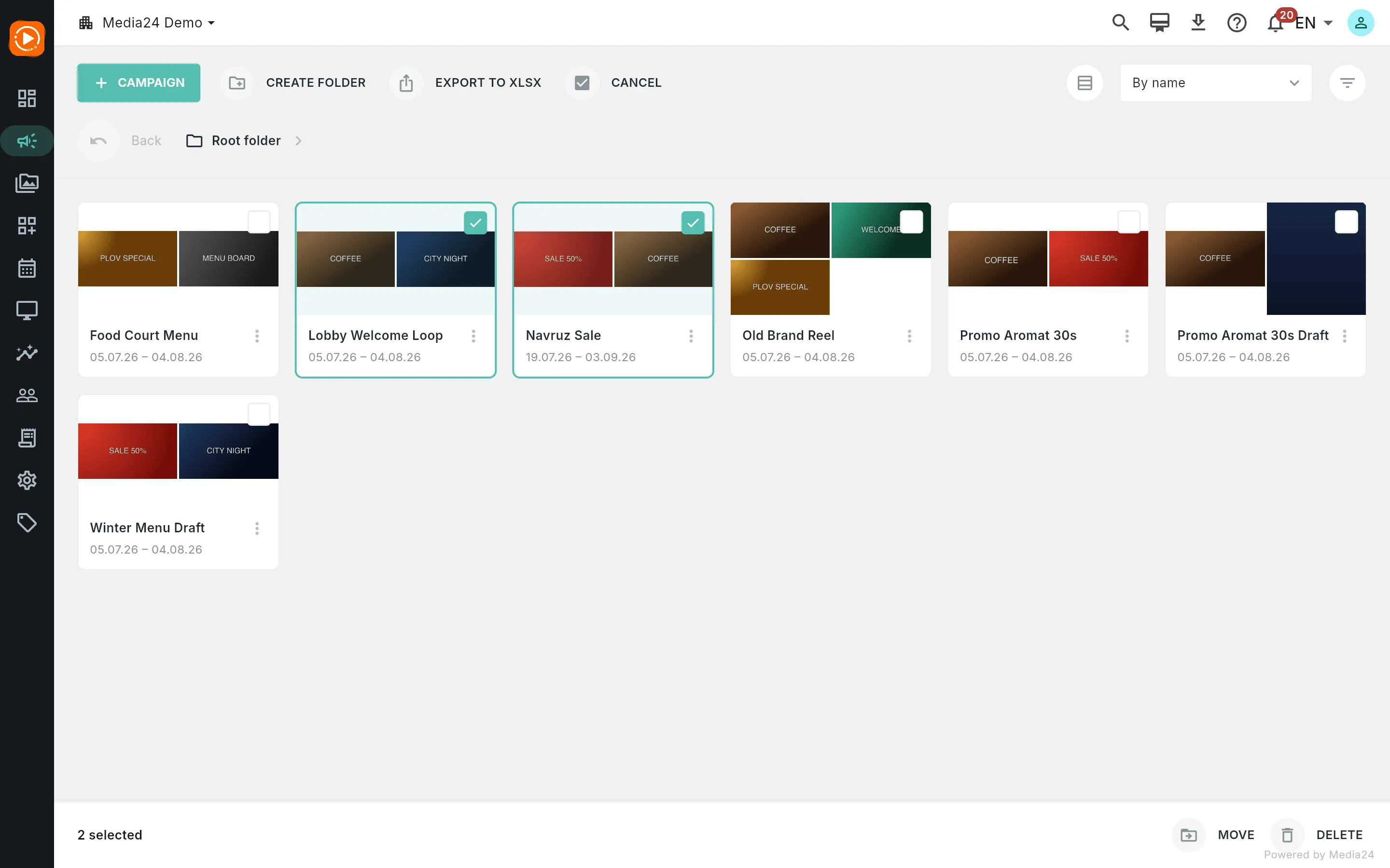 Multi-select mode with two campaigns checked and a bottom bar offering Move and Delete