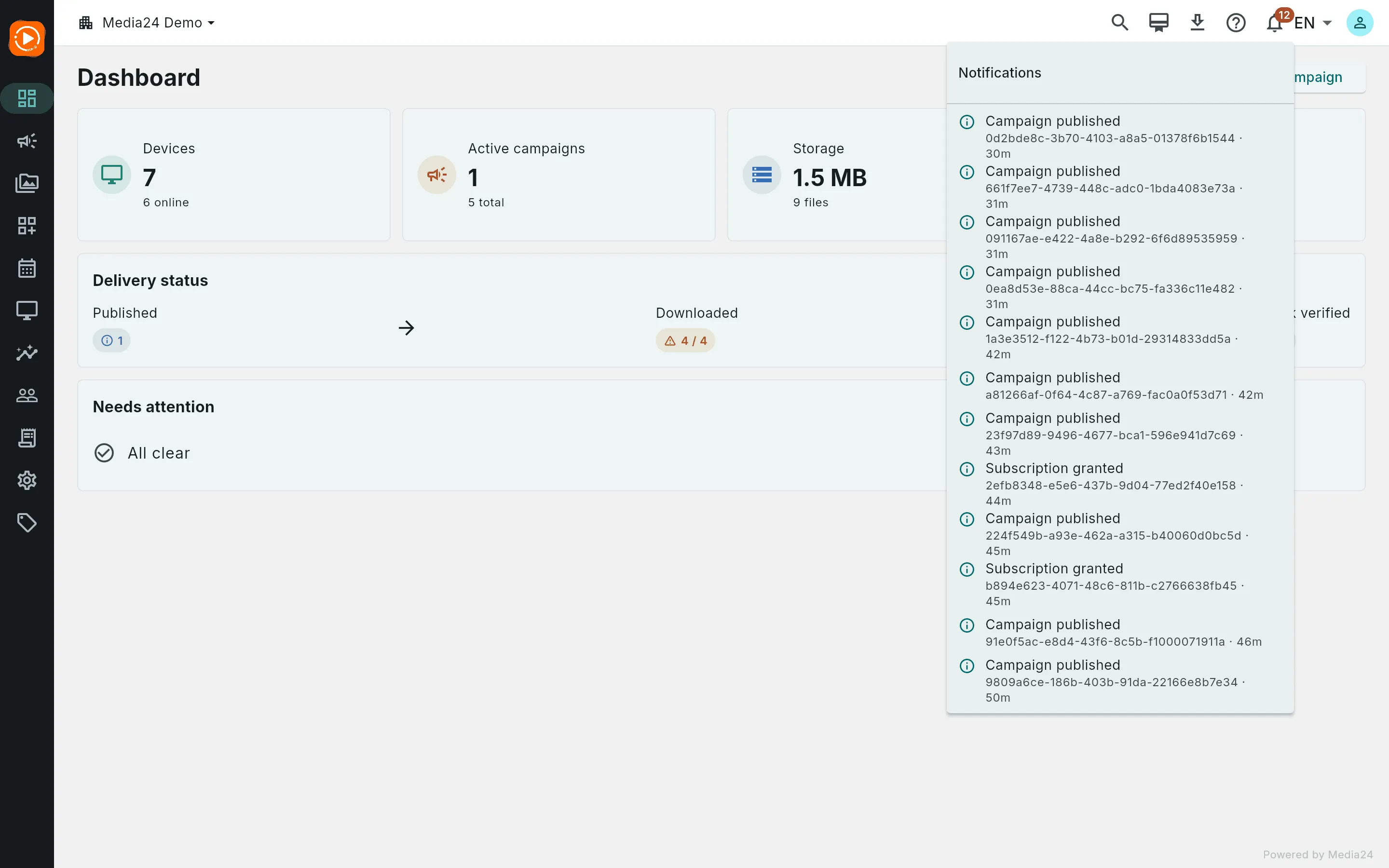 The notifications panel listing recent campaign-published and subscription-granted events