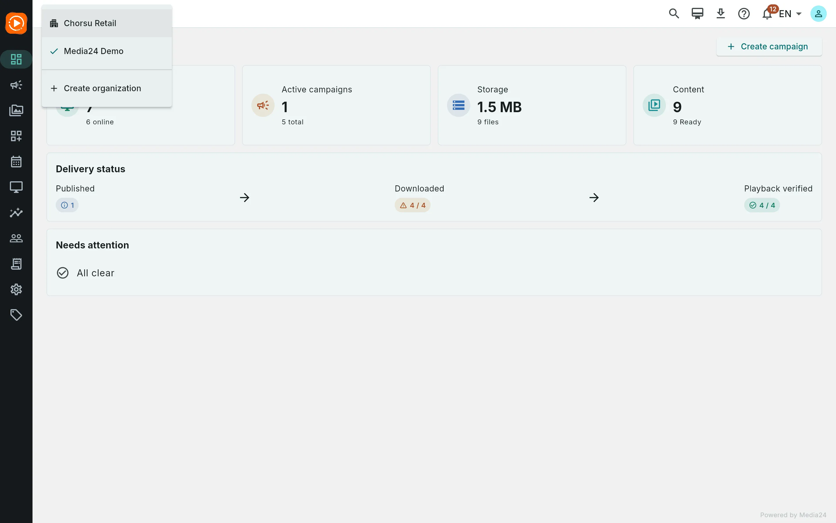The organization switcher open, showing the active workspace, a second workspace, and Create organization