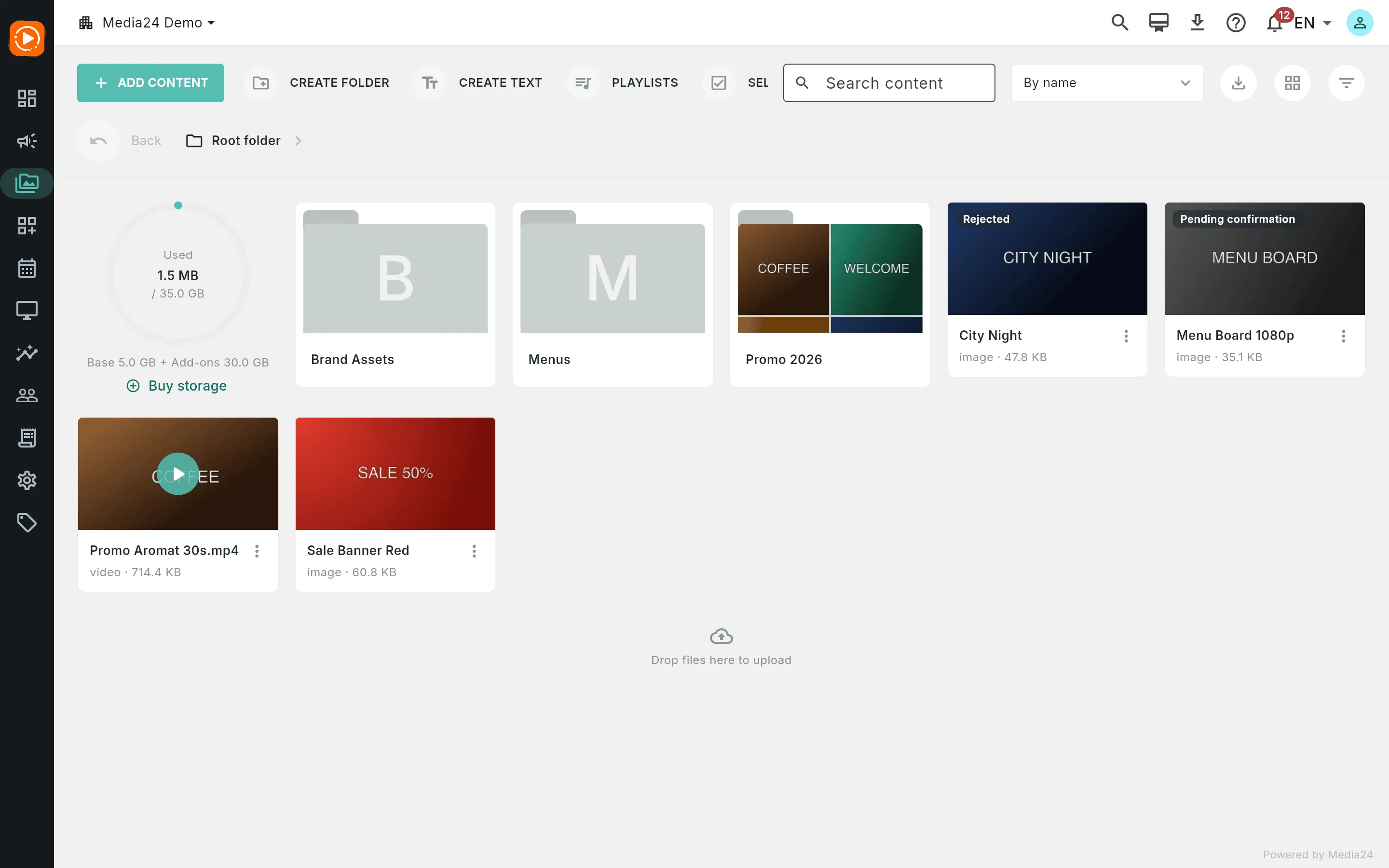 The Content screen in cards view: the storage ring, three folder cards, and a grid of image and video cards