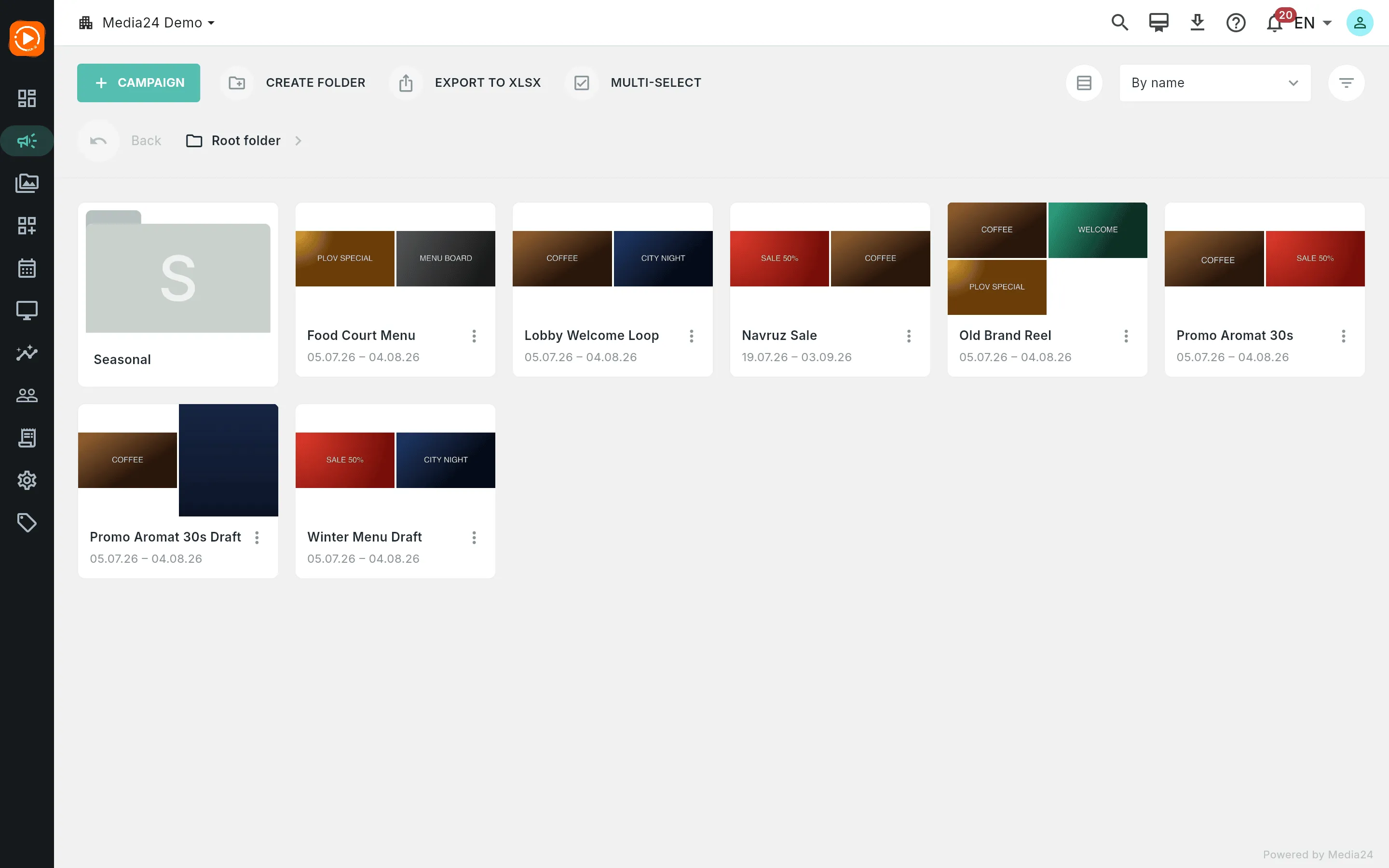 The Campaigns screen: a Seasonal folder card and several campaign cards with mixed status pills, above a toolbar