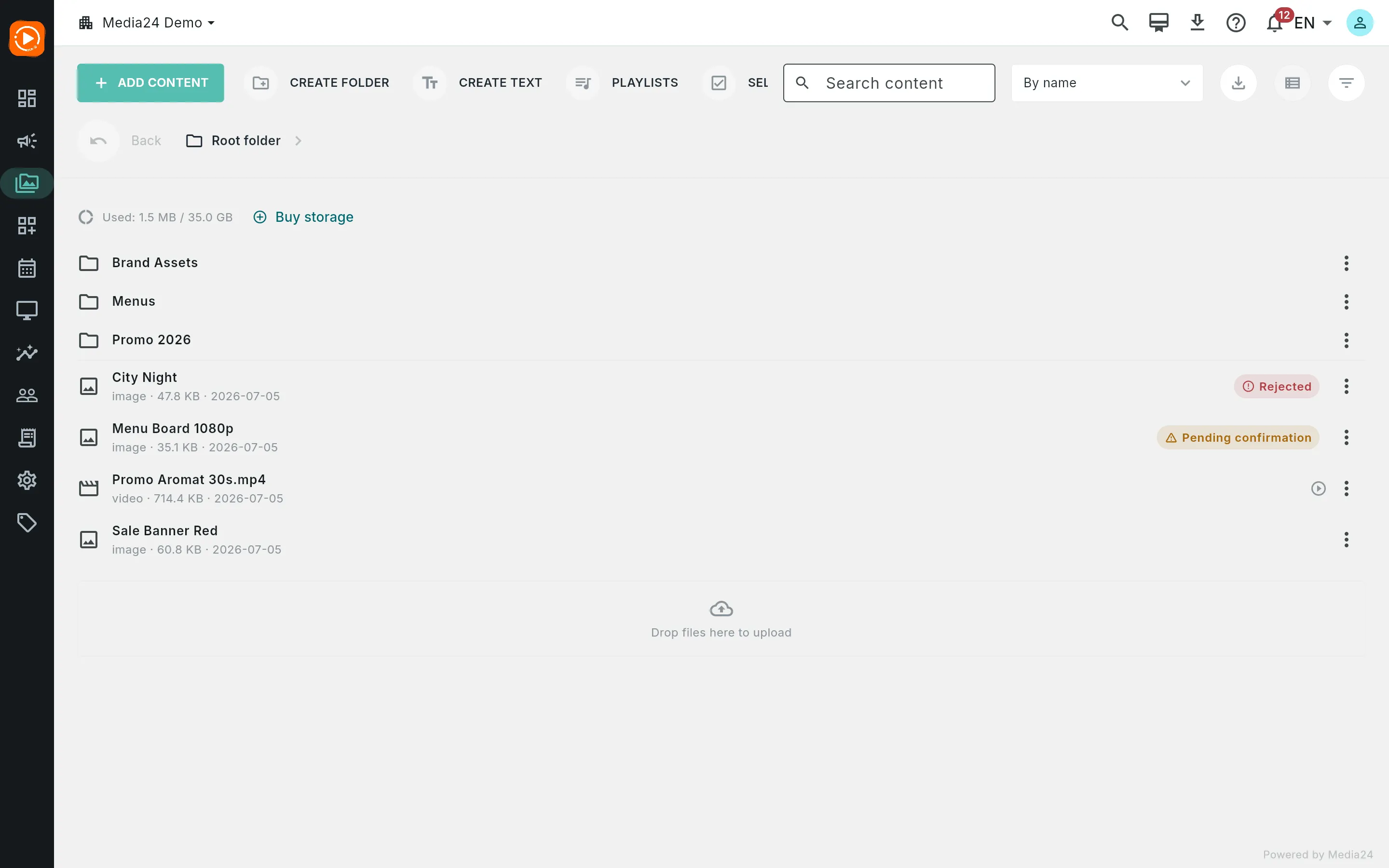 The Content screen in table view: a storage line, folder rows, and media rows with type, size, date, and approval badges
