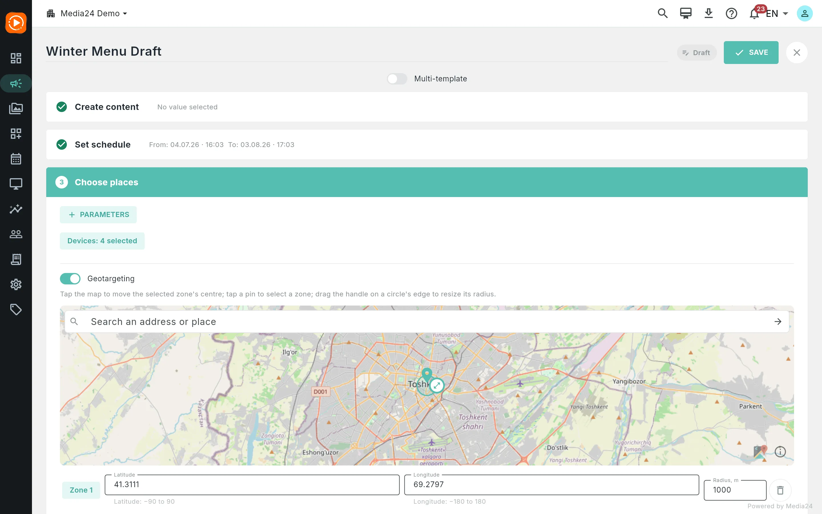 The Choose places step with Geotargeting switched on: an OpenStreetMap view with one circular zone over central Tashkent and a zone row below it