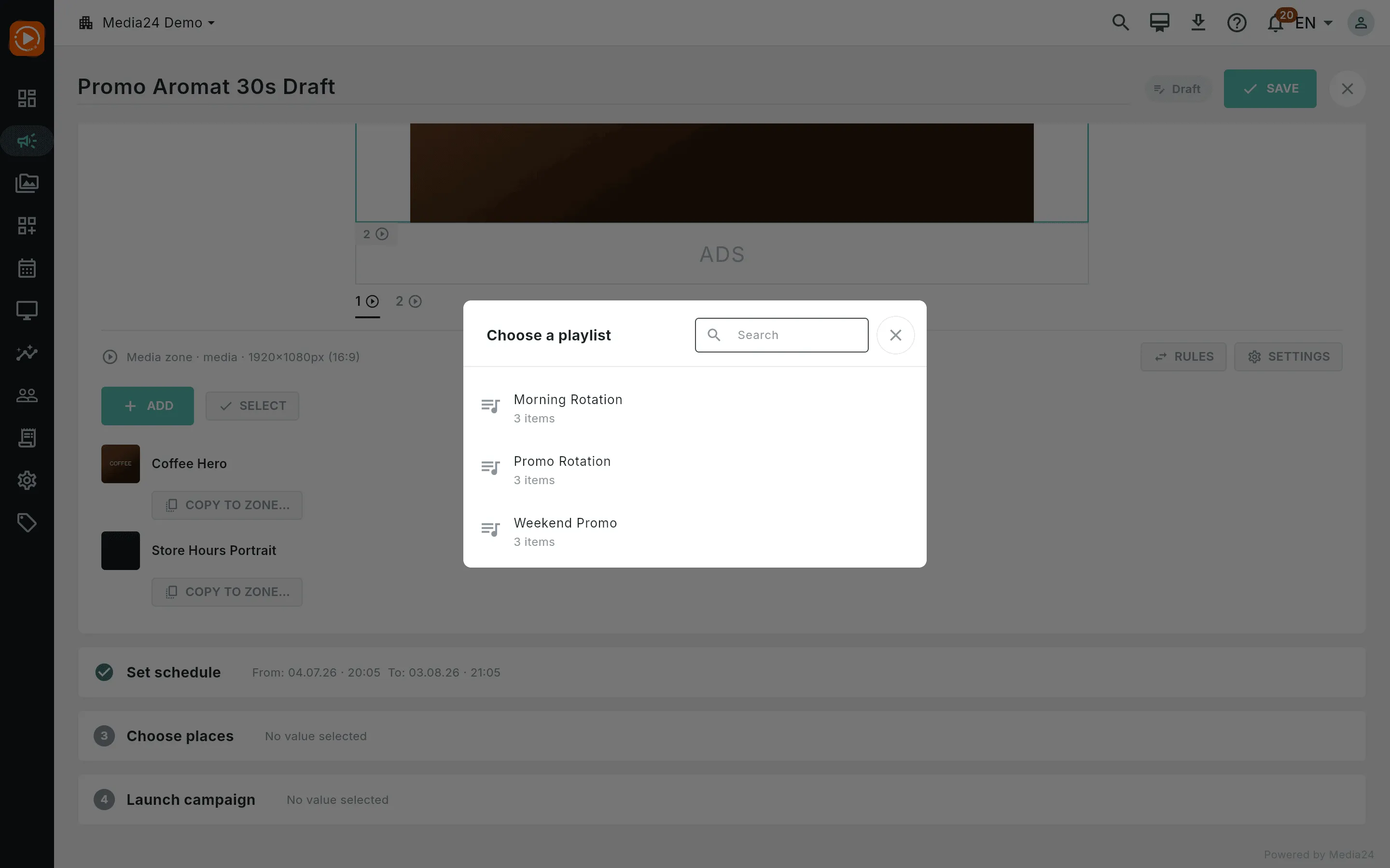 The playlist picker listing the workspace's reusable playlists