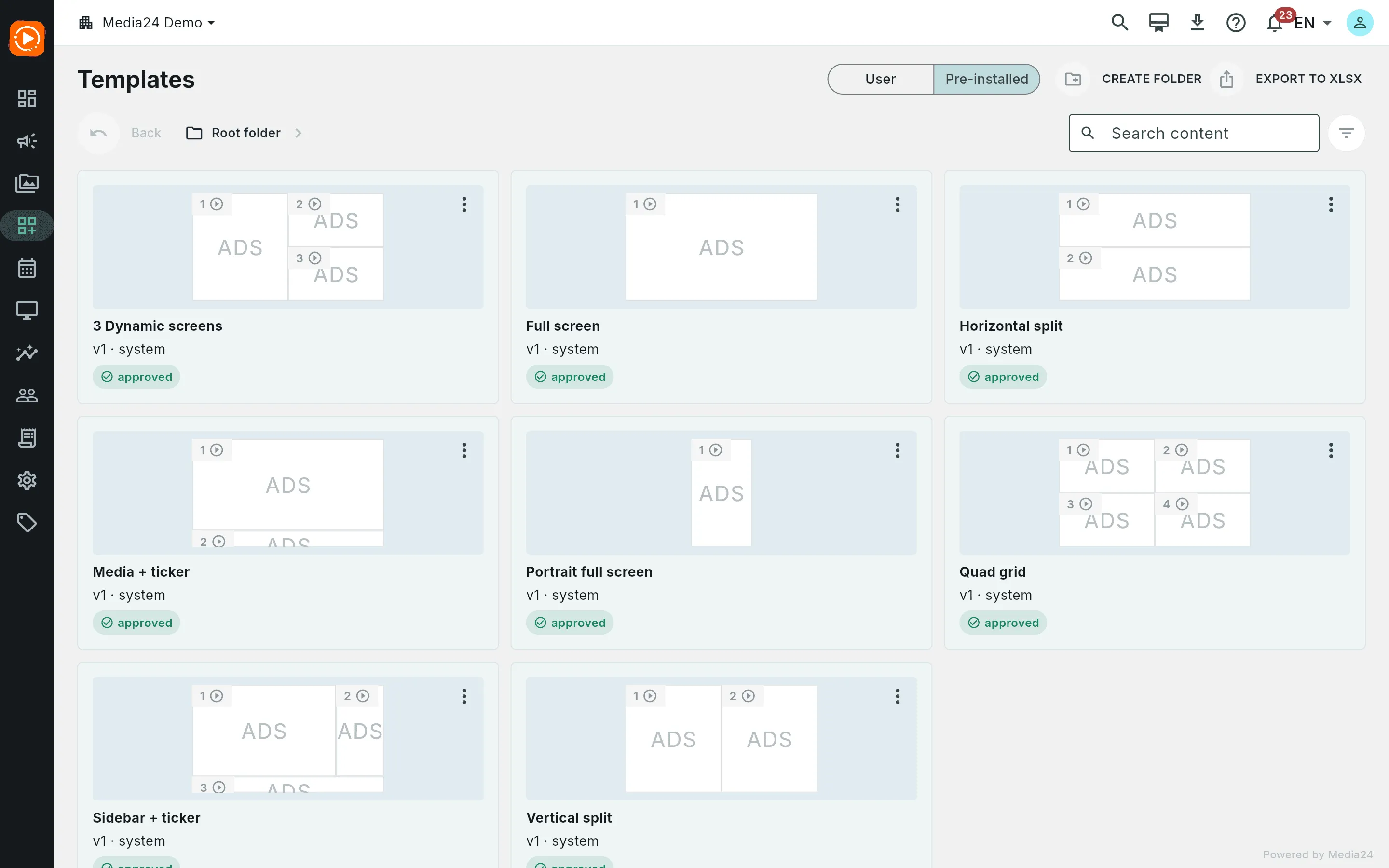 The Templates screen on the Pre-installed tab, showing all eight system template cards with their zone-layout diagrams