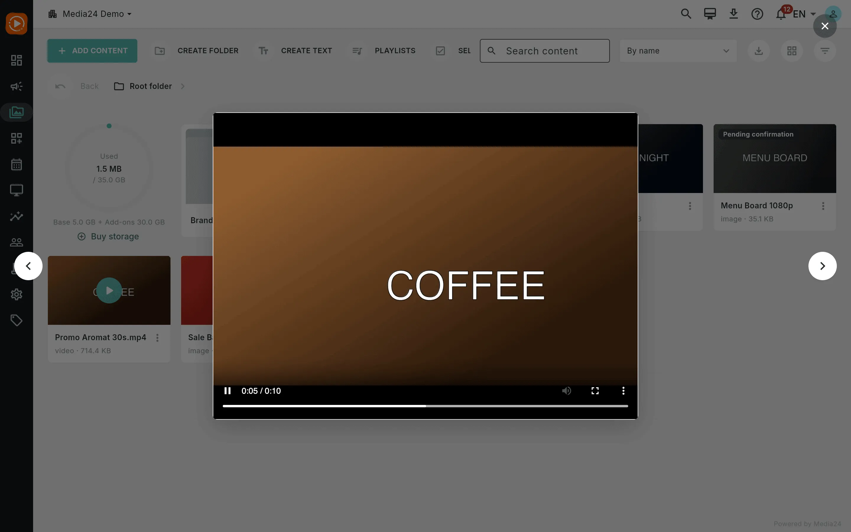 The preview lightbox playing a video with playback controls visible