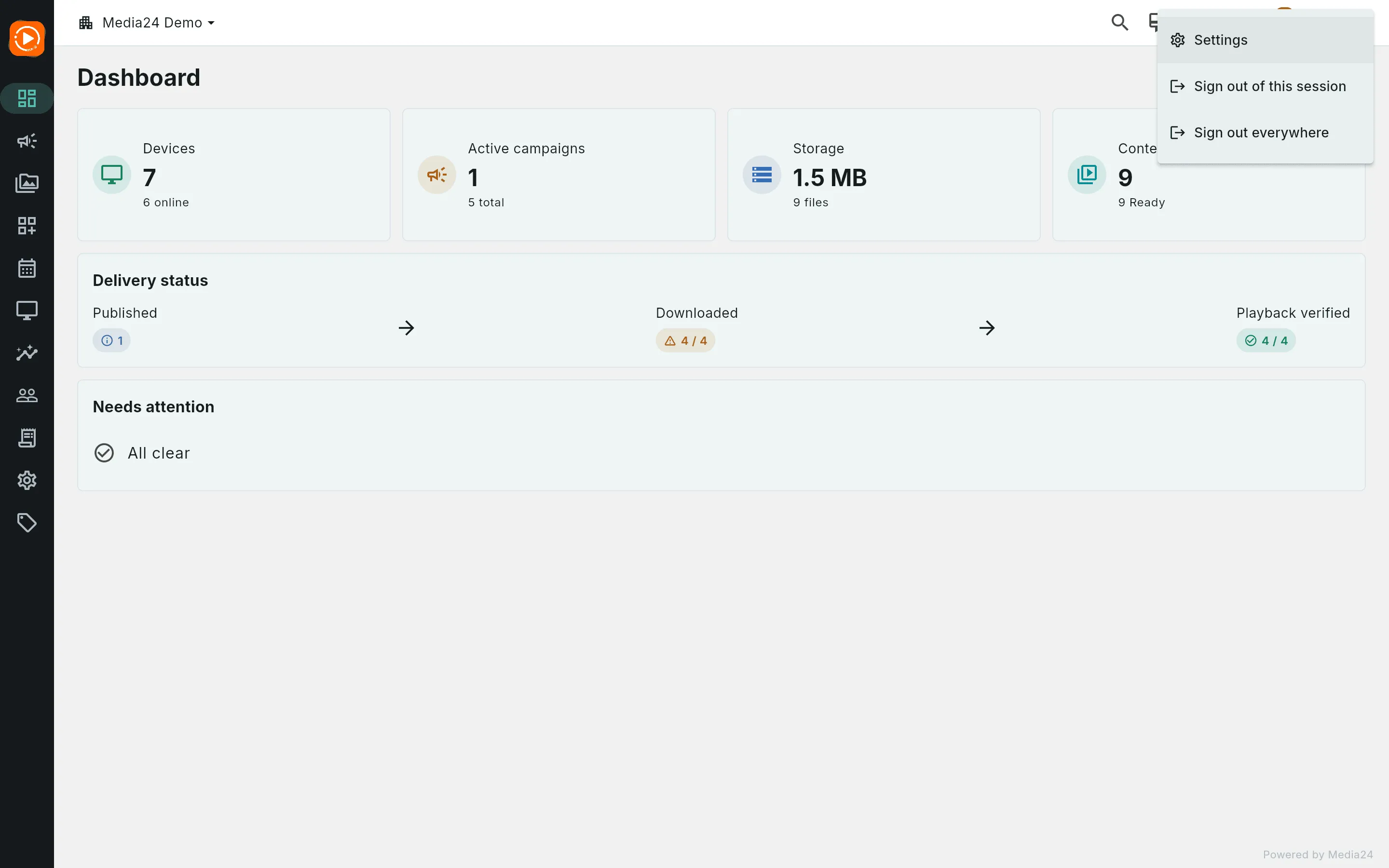 The profile menu open, showing Settings, Sign out of this session, and Sign out everywhere