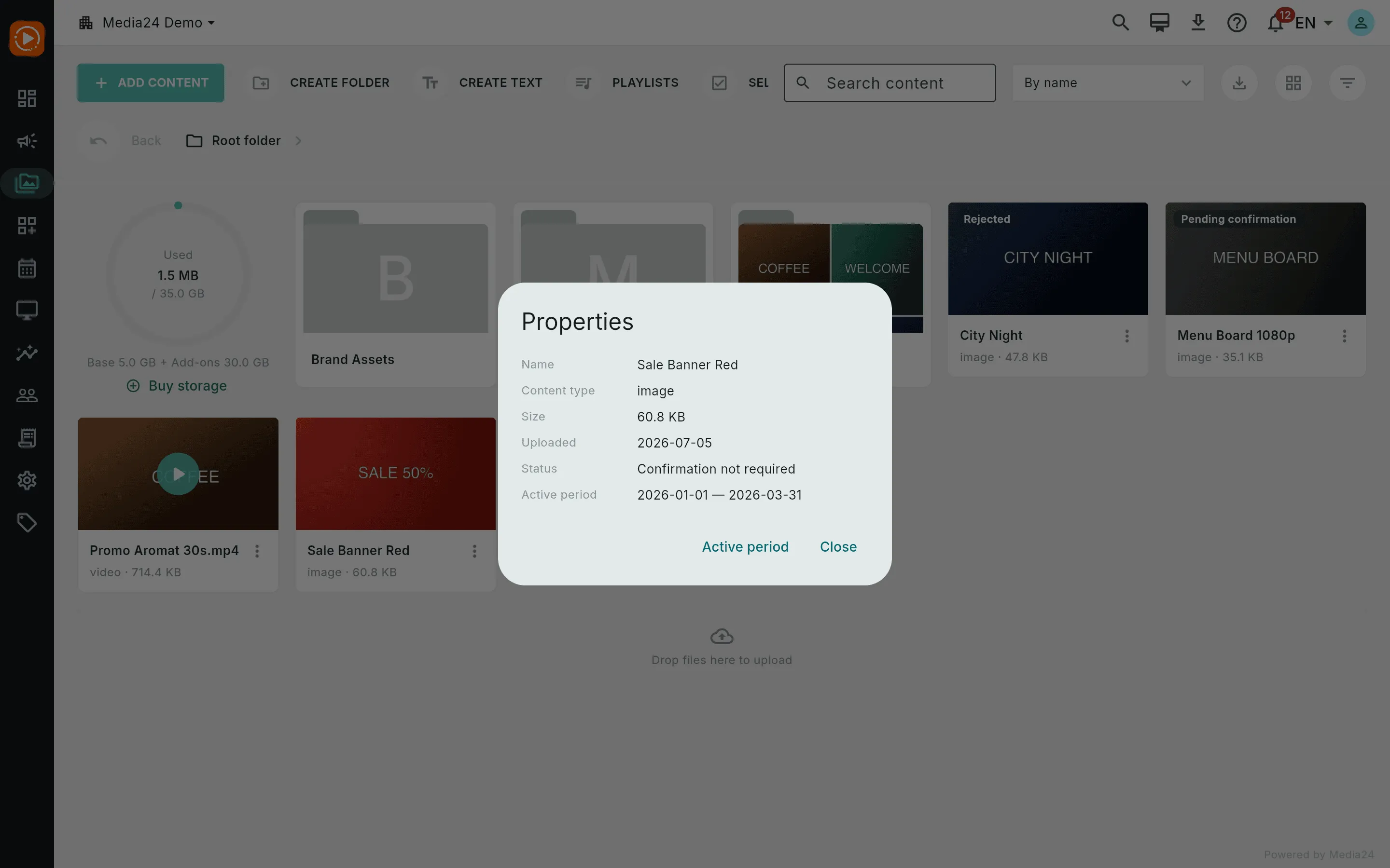 The Properties dialog showing name, type, size, upload date, status, and an active period, with an Active period button