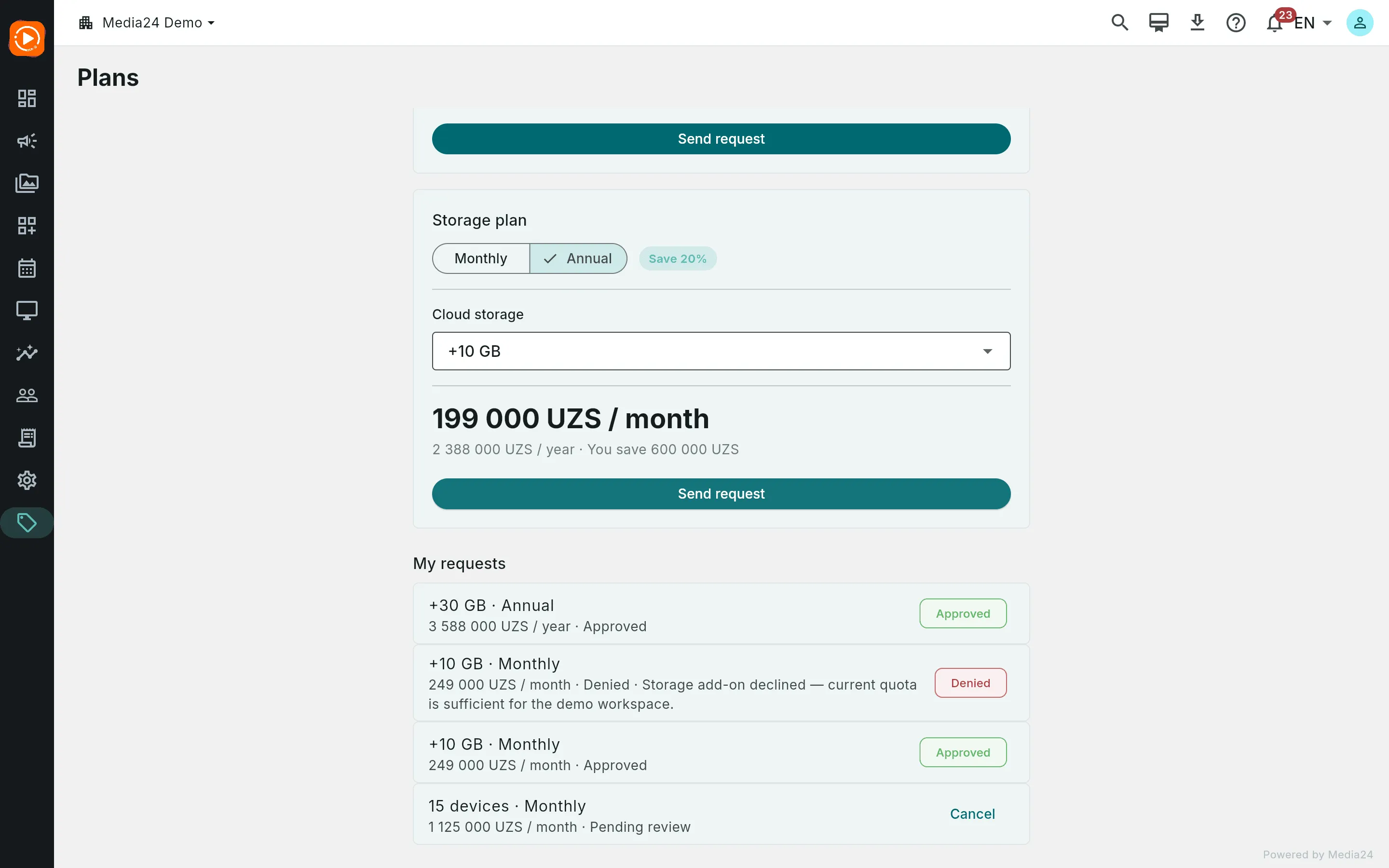 The My requests list with a pending device request showing a Cancel button, a denied storage request with the operator's note, and approved rows