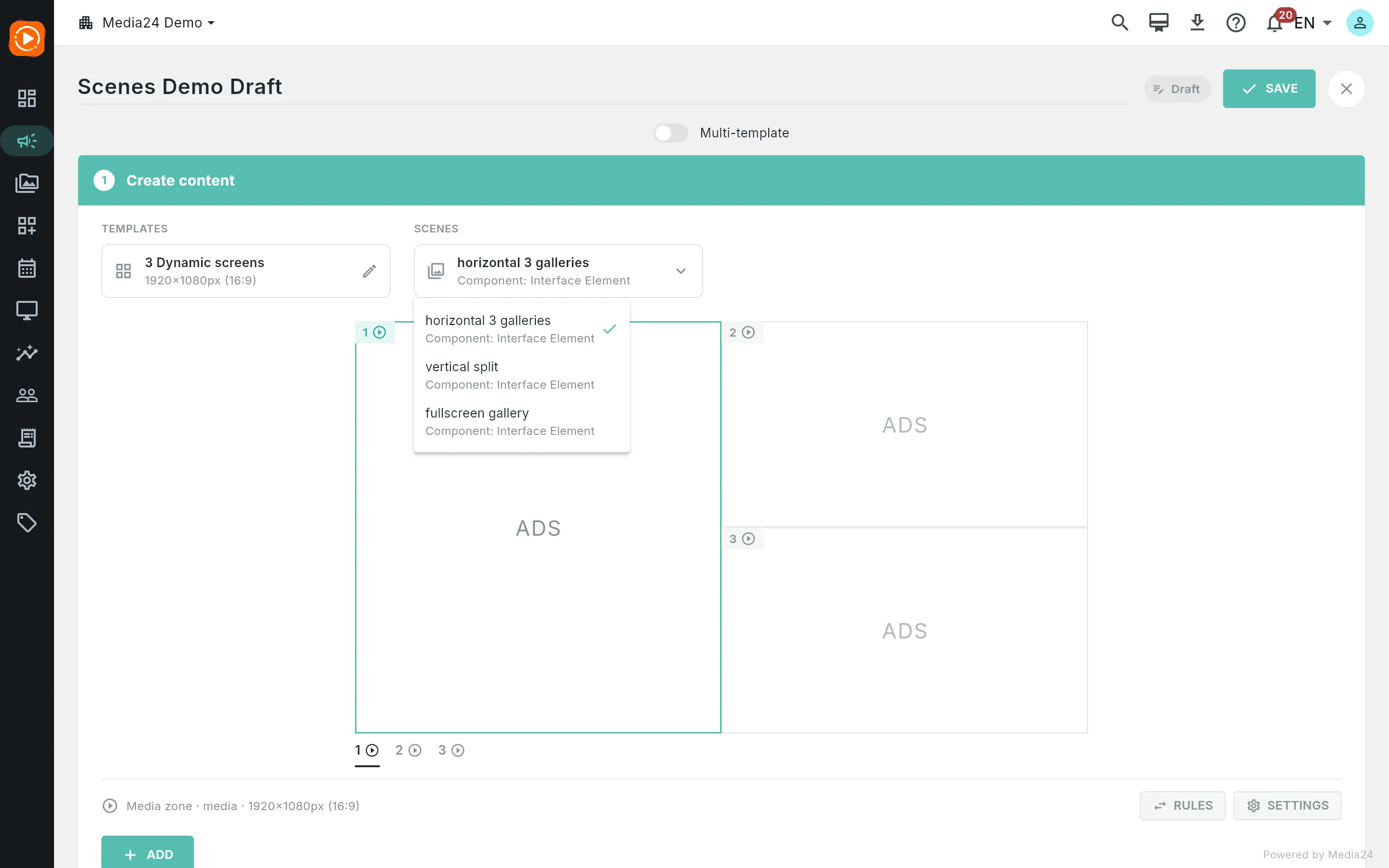 The scenes dropdown open, listing the scenes a multi-scene template offers