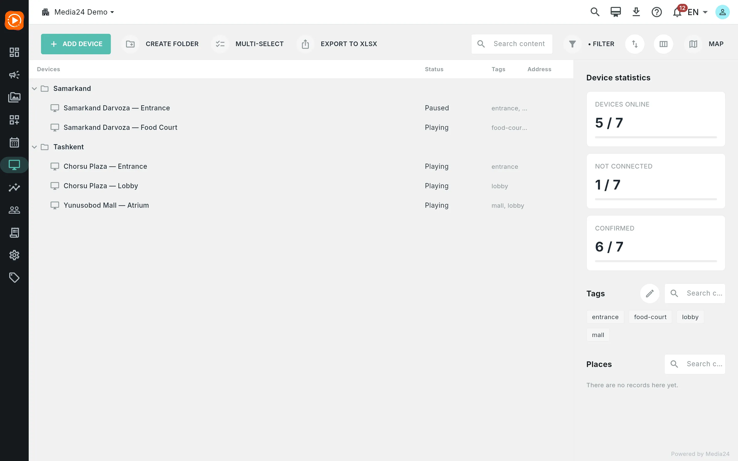 The Devices online stat card active and the list narrowed to online screens