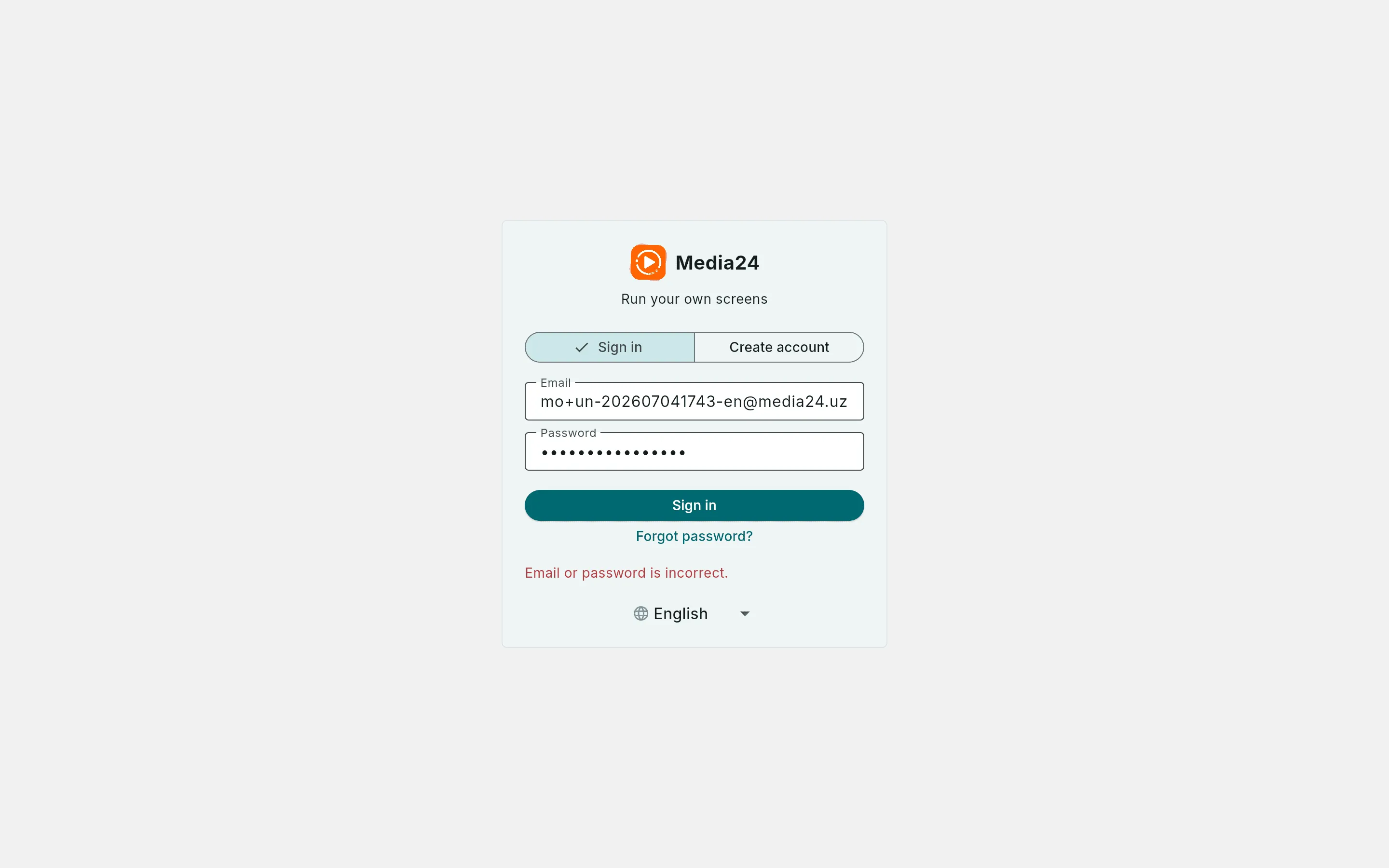 The sign-in screen showing the incorrect email-or-password error after trying to sign in with an unverified account