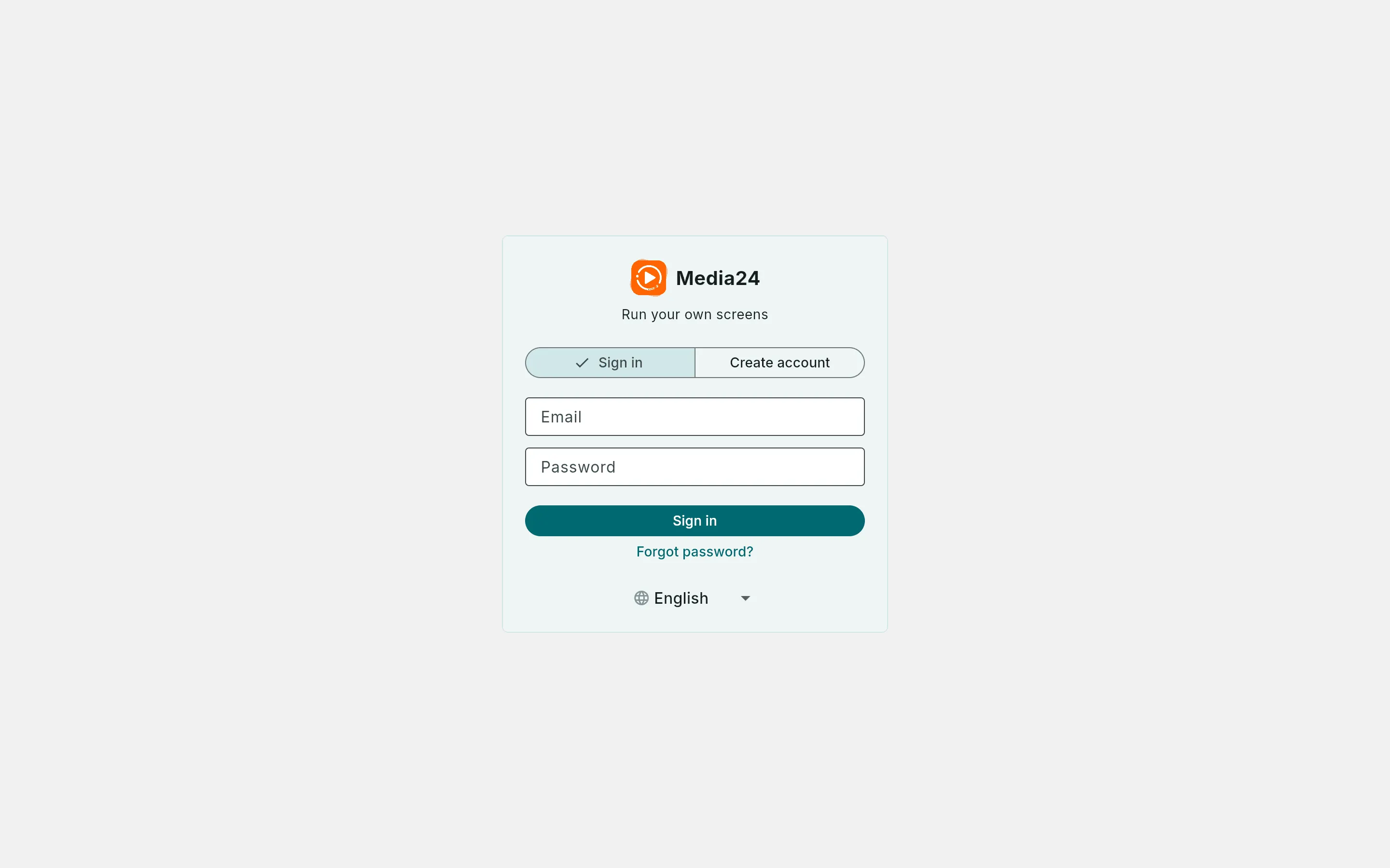 The Media24 sign-in screen with email and password fields, a Sign in / Create account toggle, and a language selector