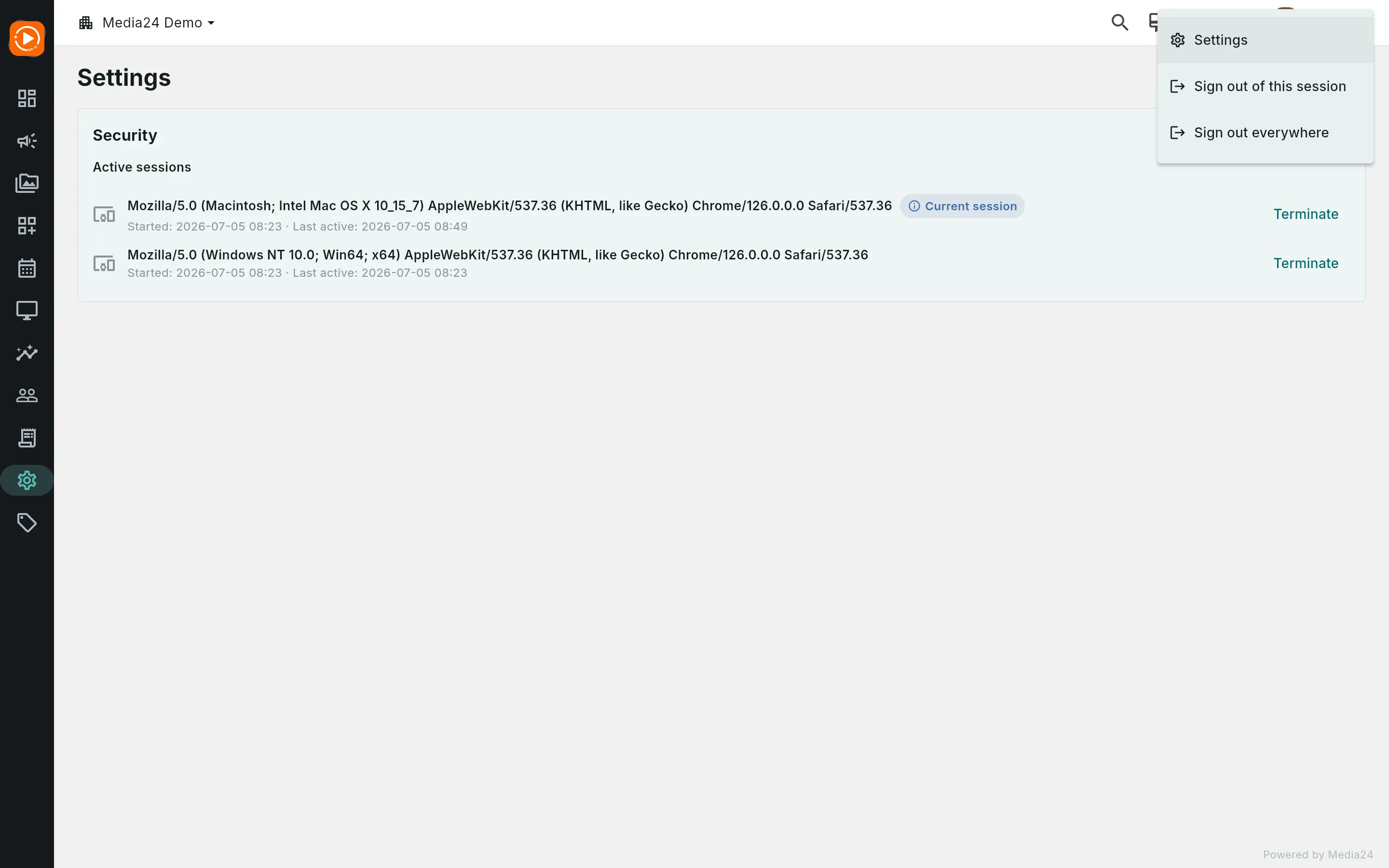 The top-bar profile menu open, showing Sign out of this session and Sign out everywhere