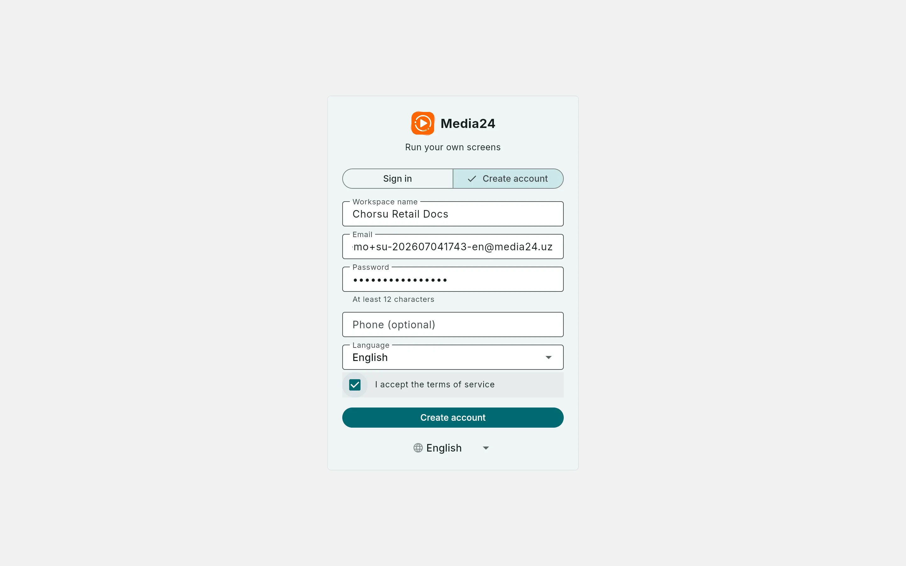 The Create account form filled in with a workspace name, email, and password