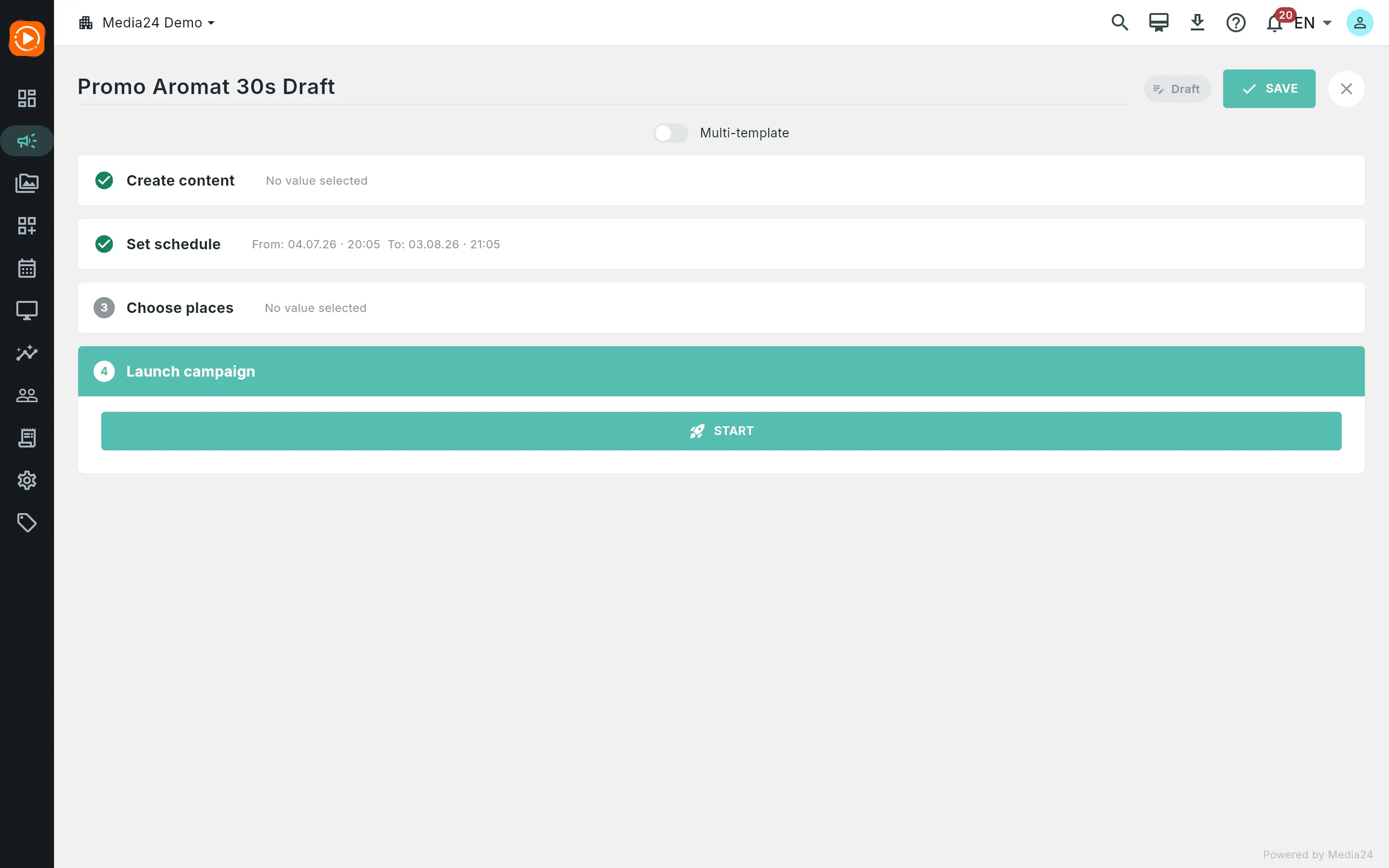 Step 4 Launch campaign expanded, showing the START button