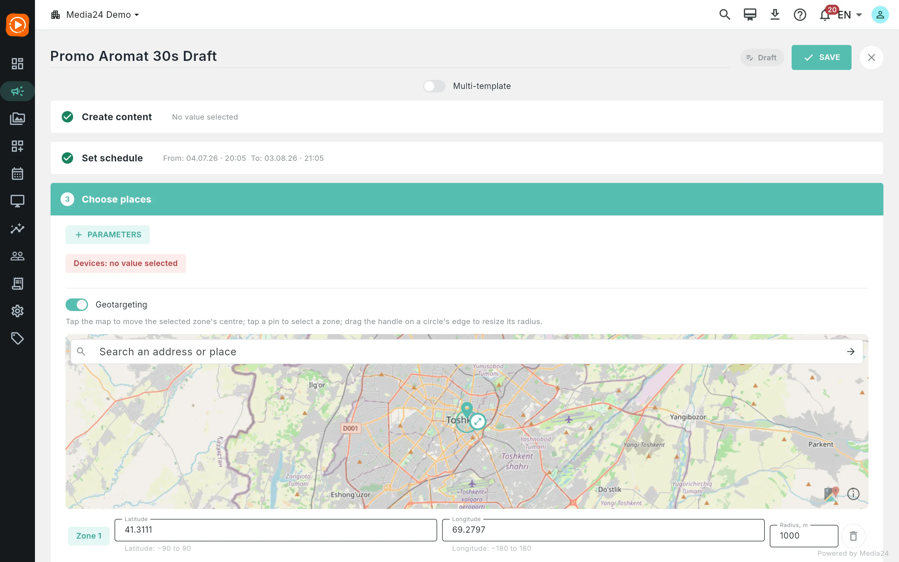Step 3 with Geotargeting turned on and a map showing one circular zone