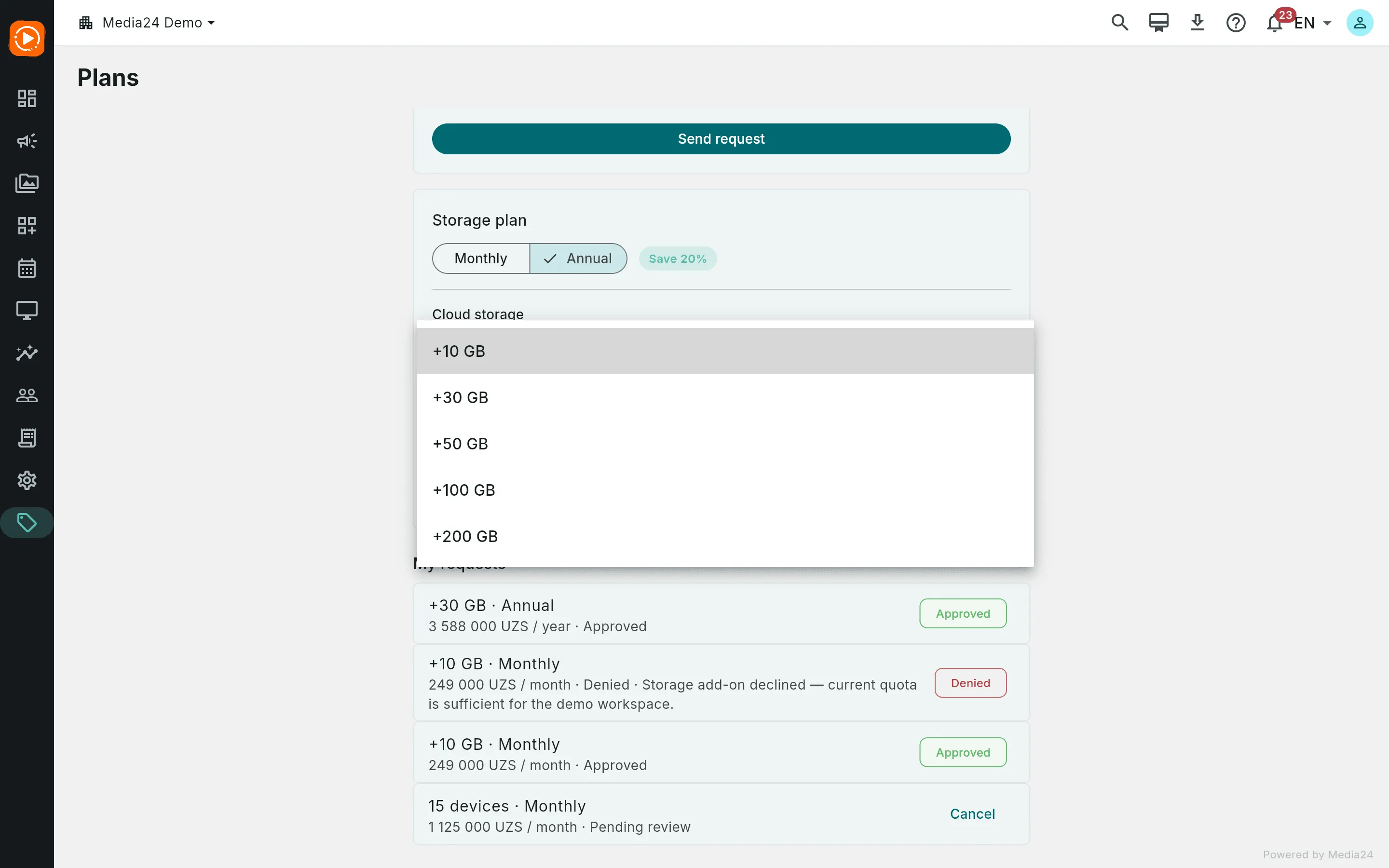 The Storage plan card with the Cloud storage dropdown open, showing +10 GB, +30 GB, +50 GB, +100 GB and +200 GB
