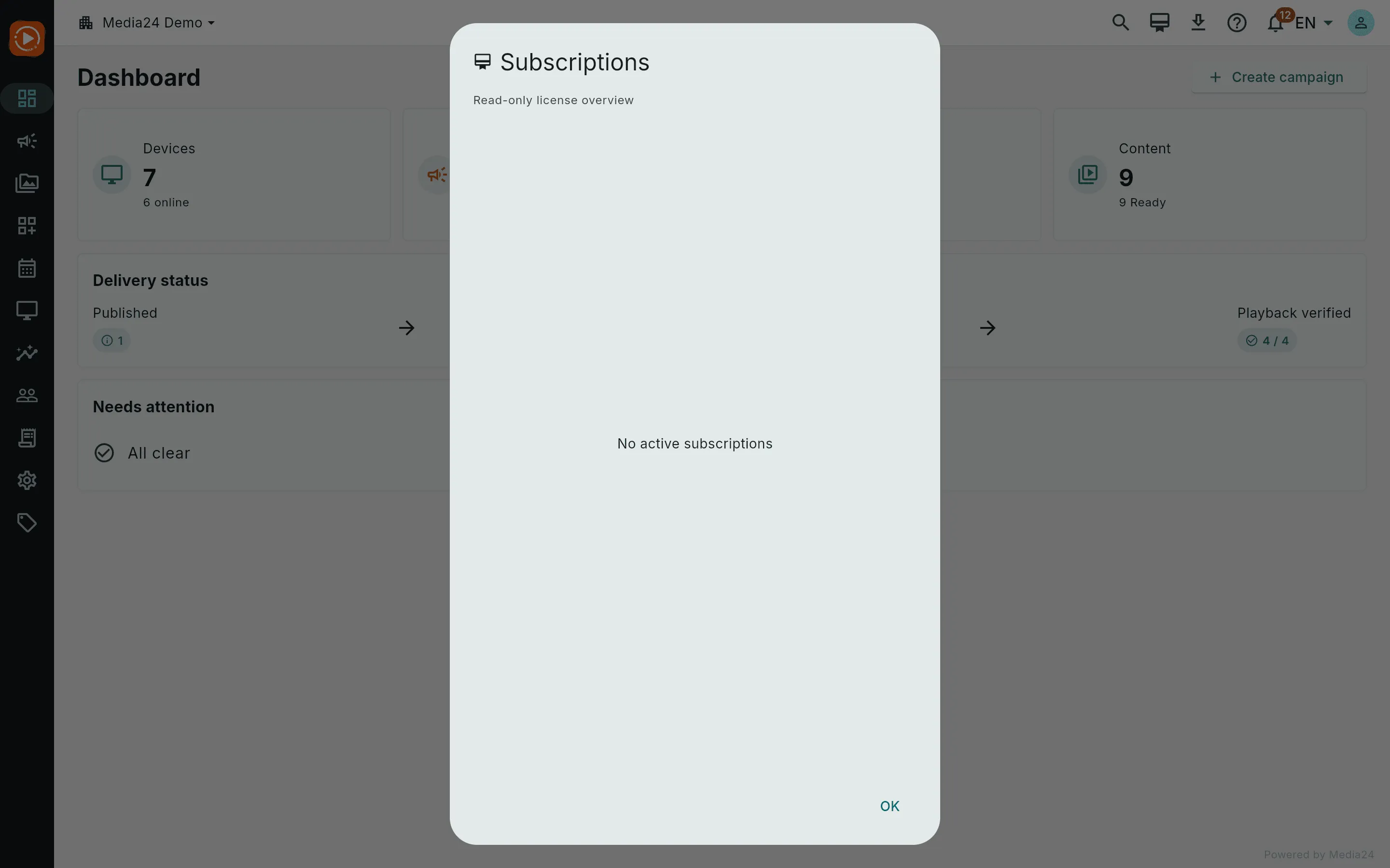 The Subscriptions dialog, a read-only license overview