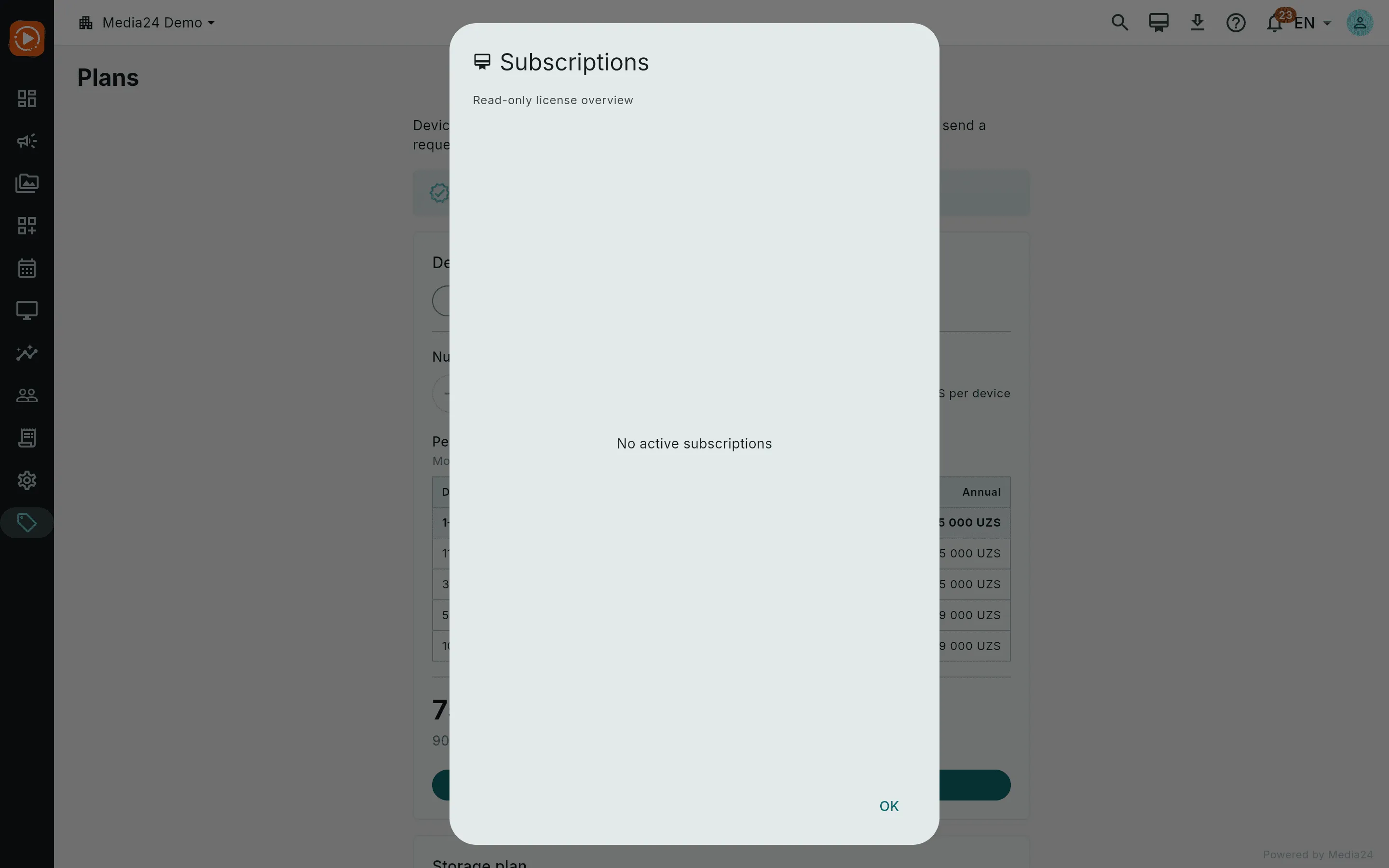 The top-bar Subscriptions dialog titled Read-only license overview, showing No active subscriptions