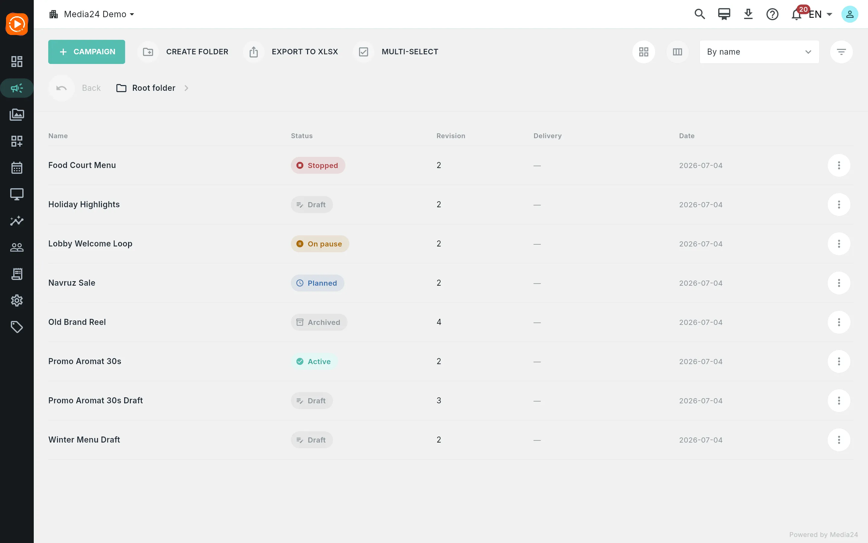 The Campaigns table view listing campaigns in each lifecycle status, each with its colored status pill in the Status column