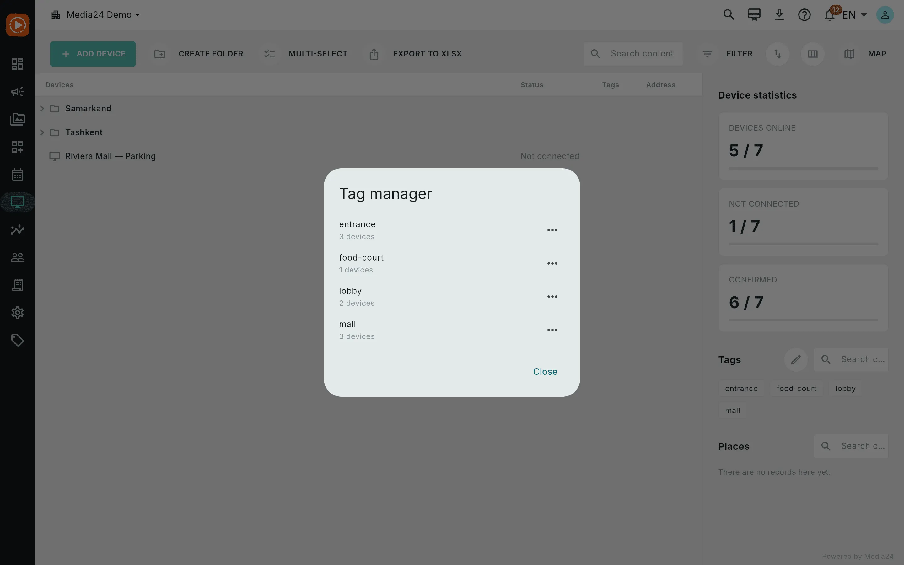 The Tag manager dialog listing tags with device counts and rename/delete controls