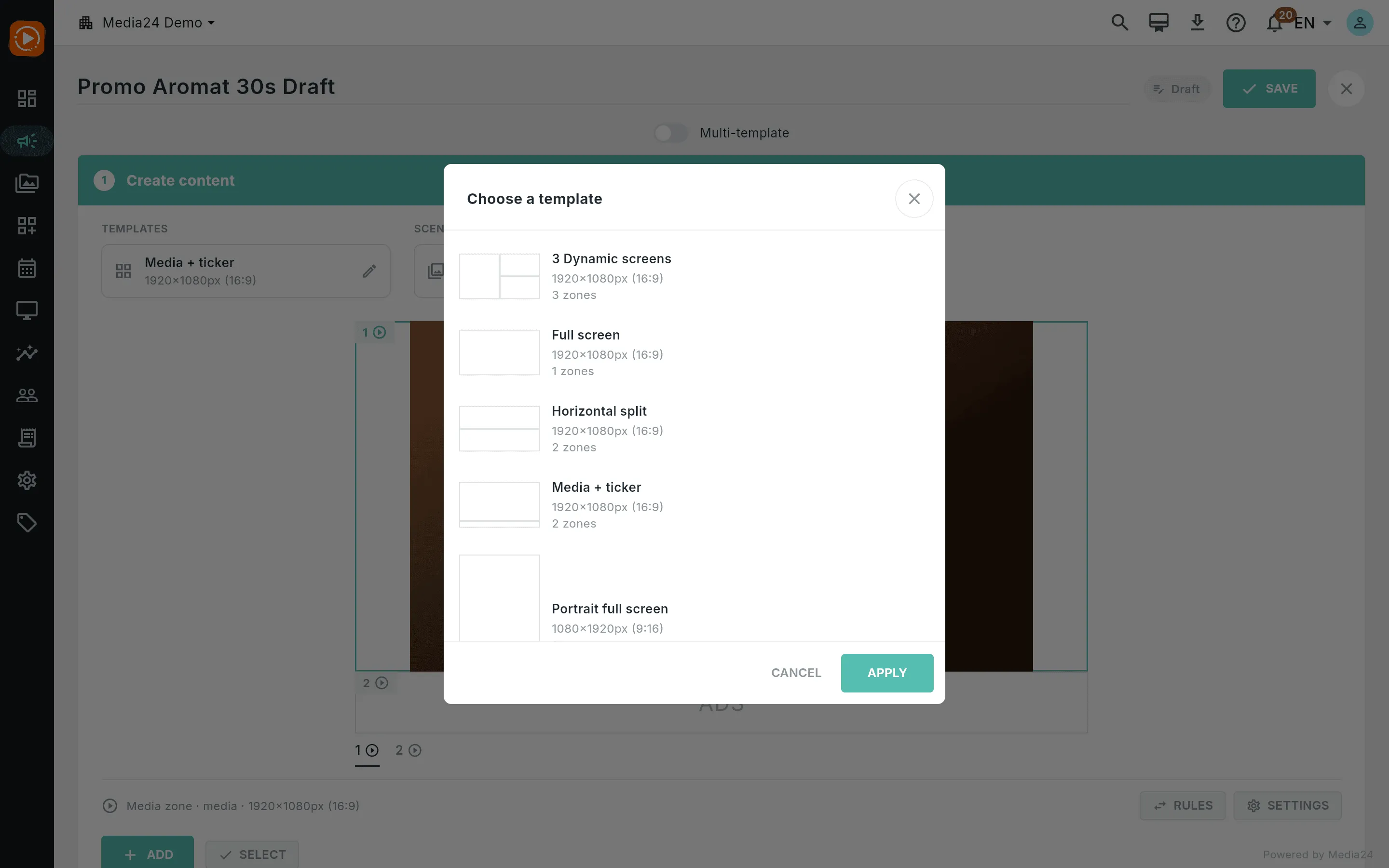 The template picker dialog open over the editor, listing available templates