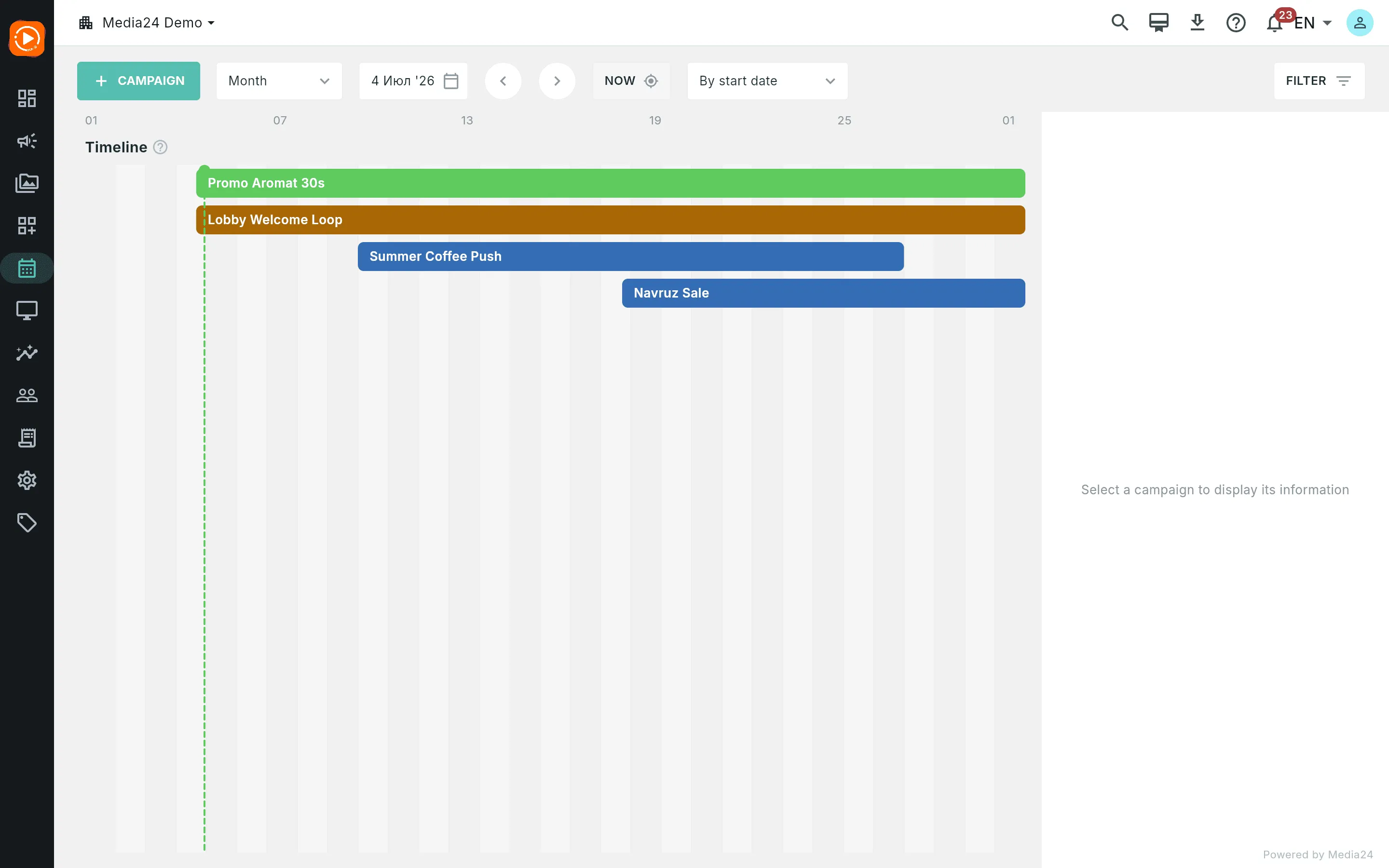 The media plan in month view: four campaign lanes with bars in green, amber and blue, and a vertical now playhead