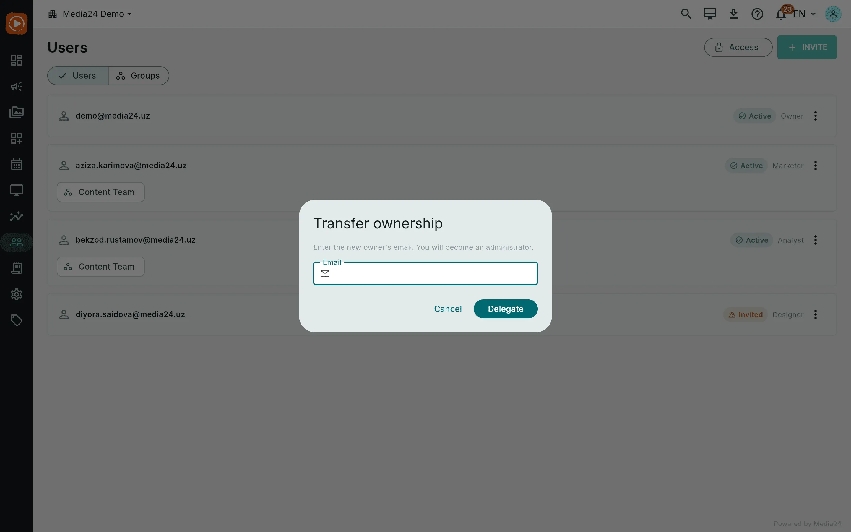 The transfer-ownership dialog asking for the new owner's email