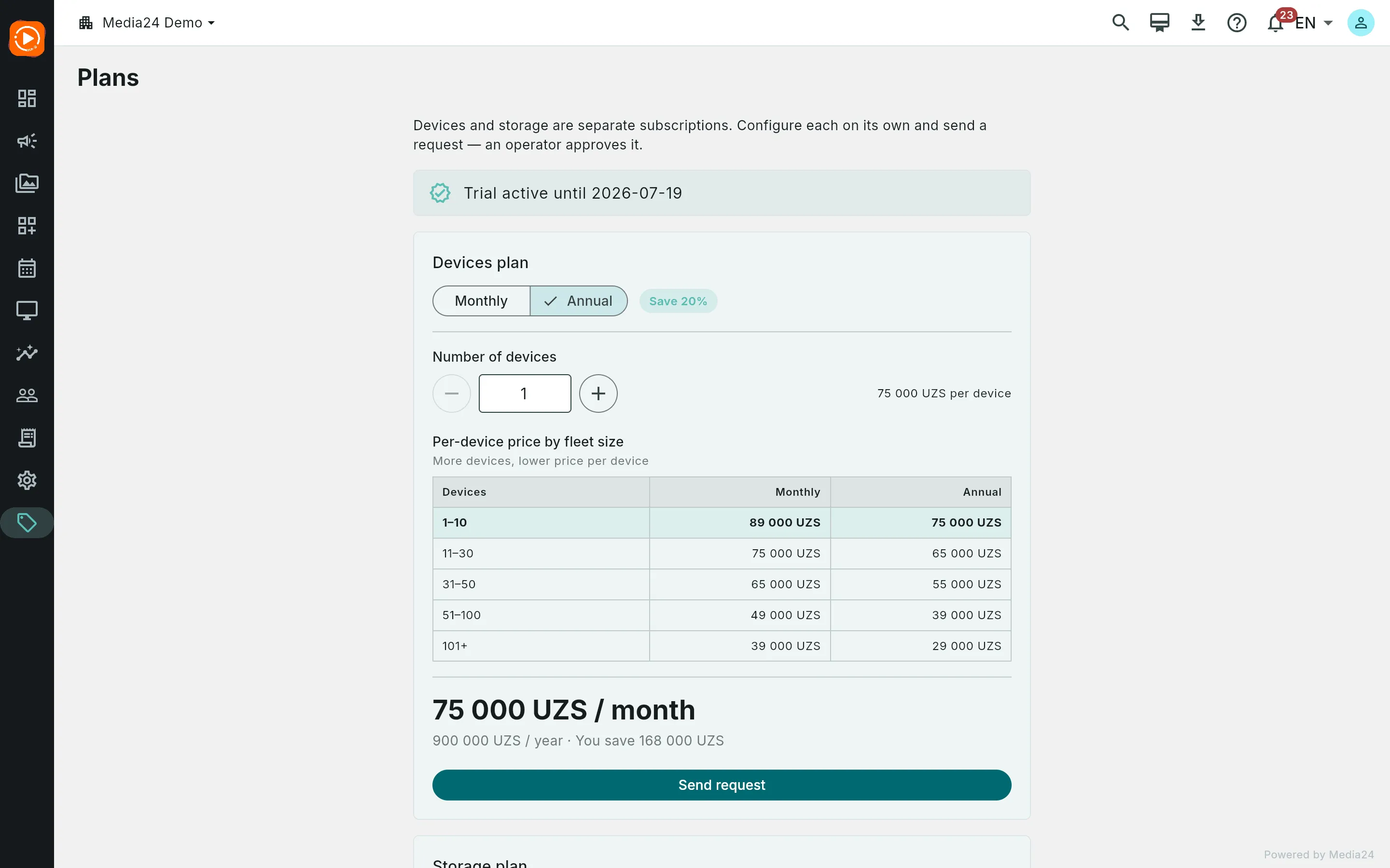 The Plans screen banner reading Trial active until a date