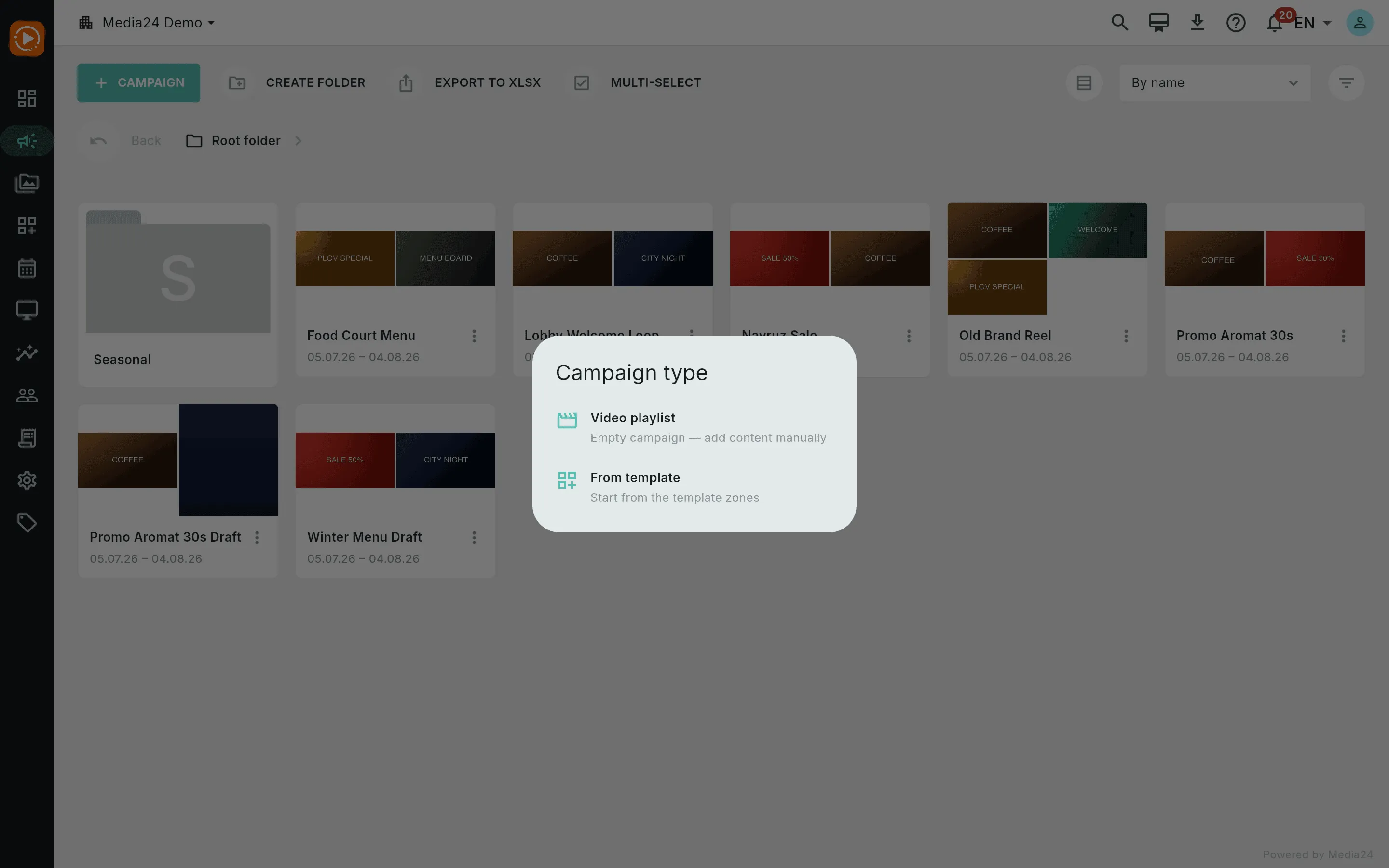 The Campaign type dialog offering Video playlist and From template