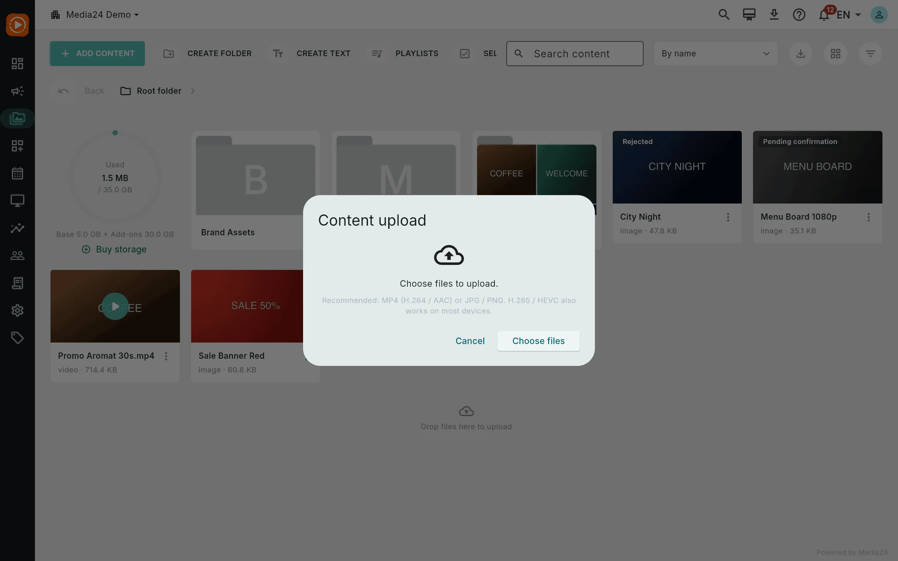 The content upload dialog with a Choose files button and the recommended-formats hint