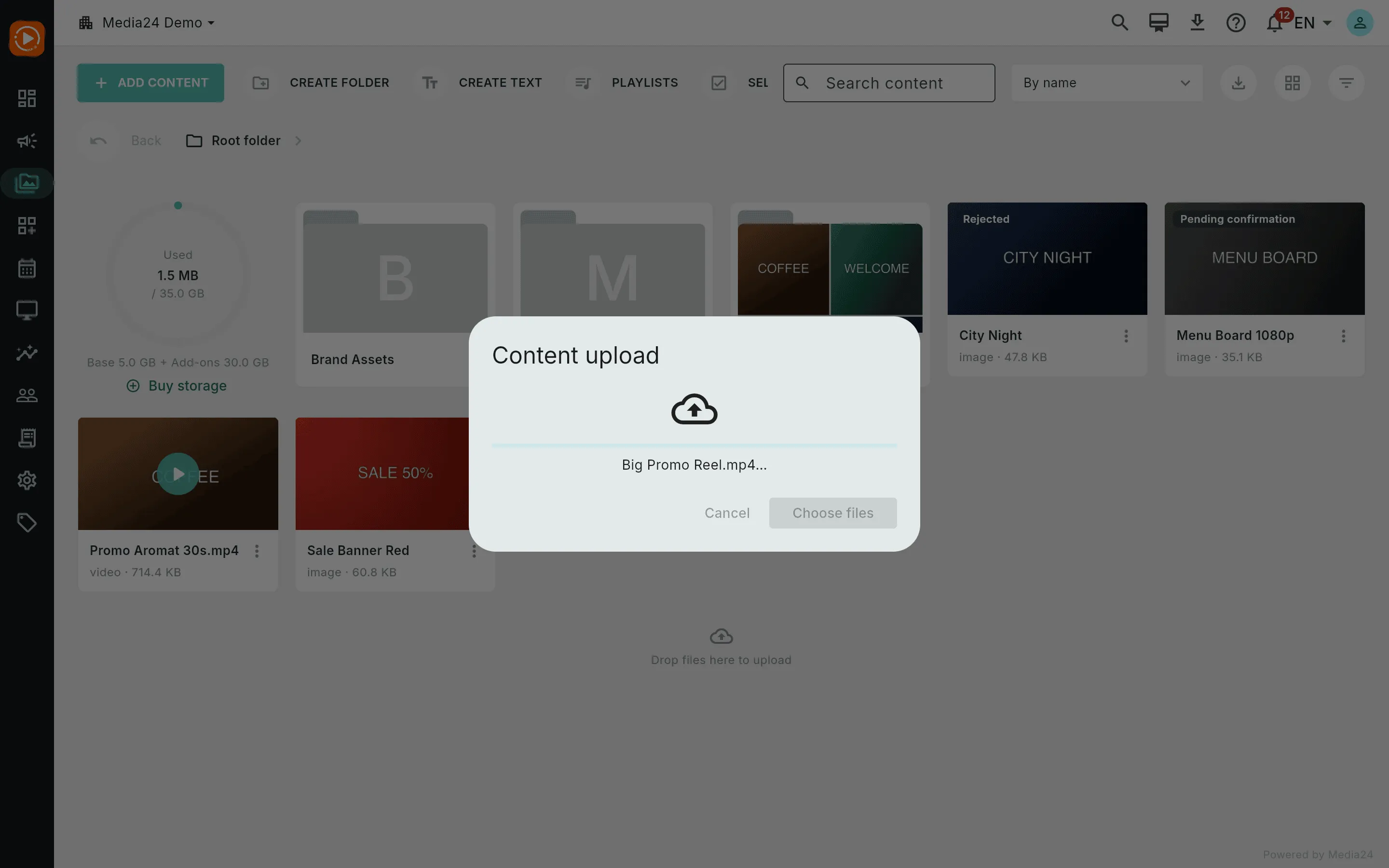 The upload dialog mid-batch: a progress bar and the current file name with a 2 of 4 counter