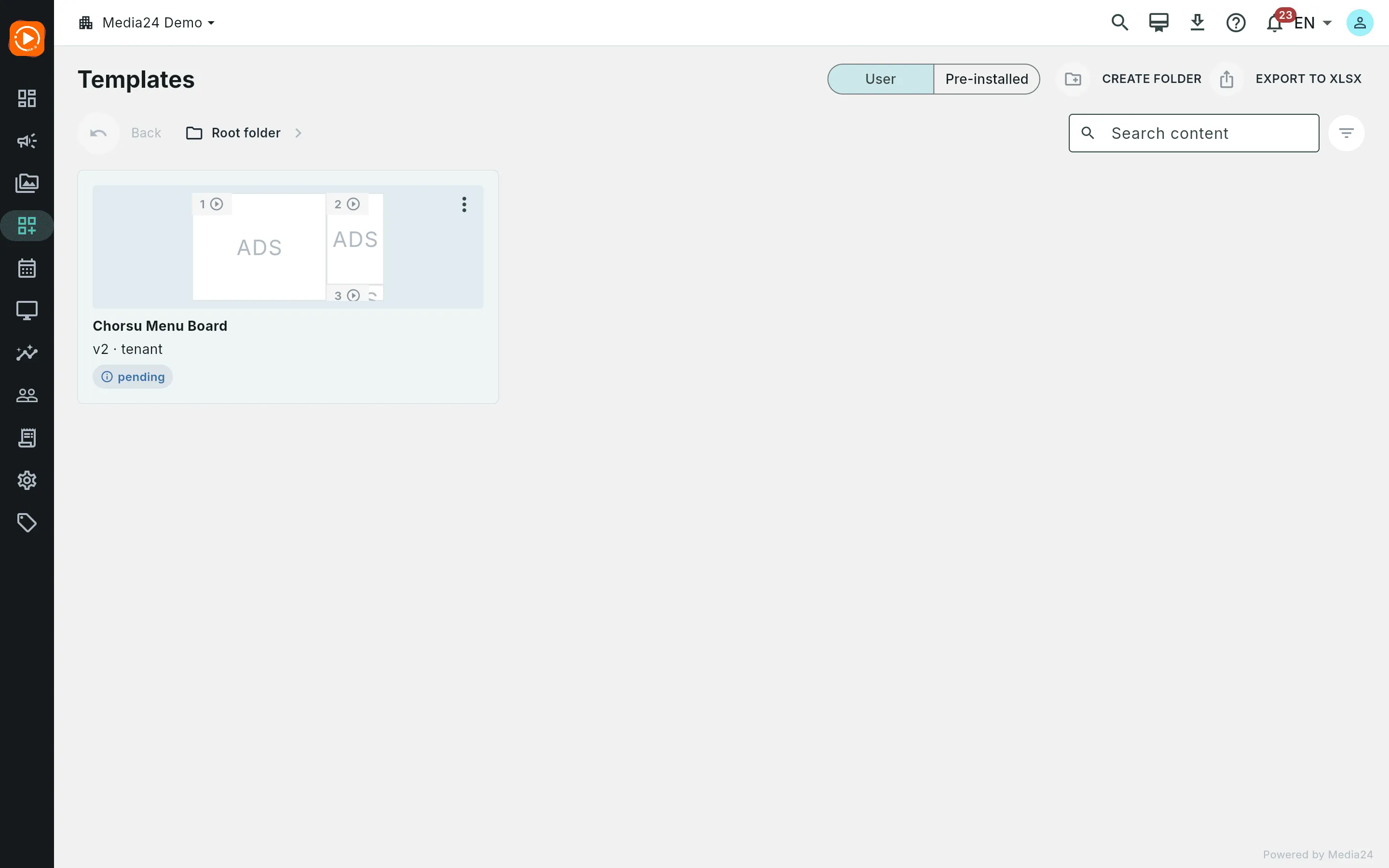 The Templates screen on the User tab, showing a single user template card named Chorsu Menu Board