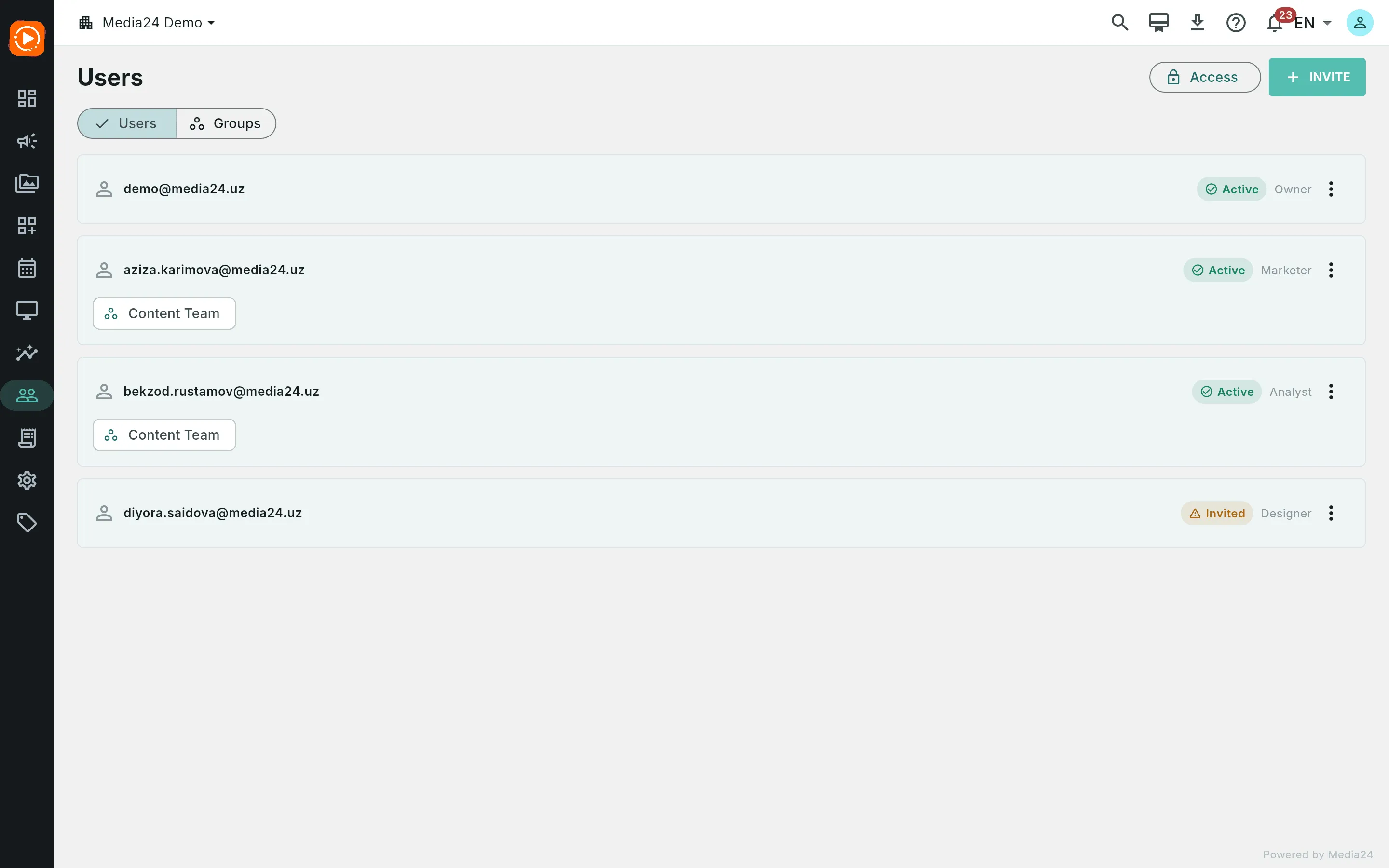 The Users tab listing the owner, an active marketer and analyst, and a pending member