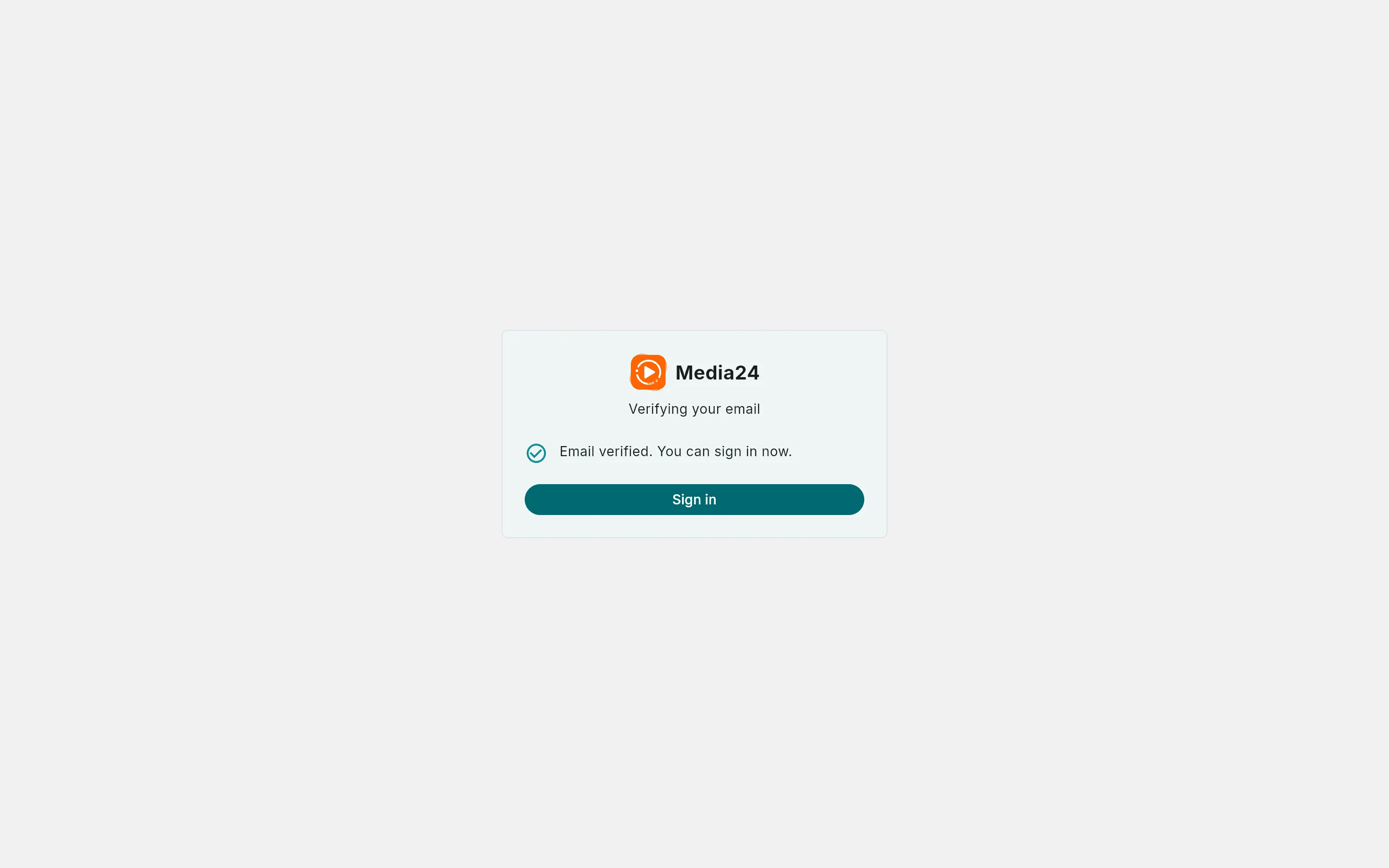 The verify-email screen showing that the email was verified, with a Sign in button