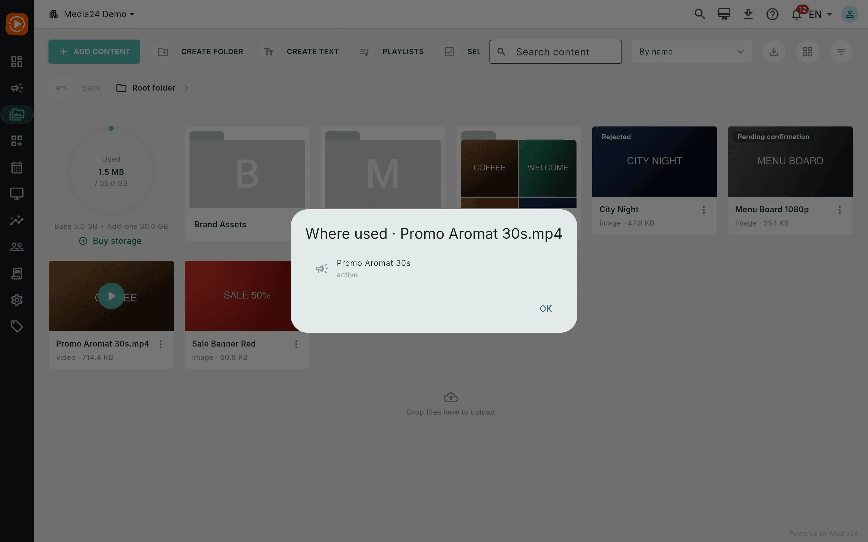 The Where used dialog listing the campaign that uses the selected file