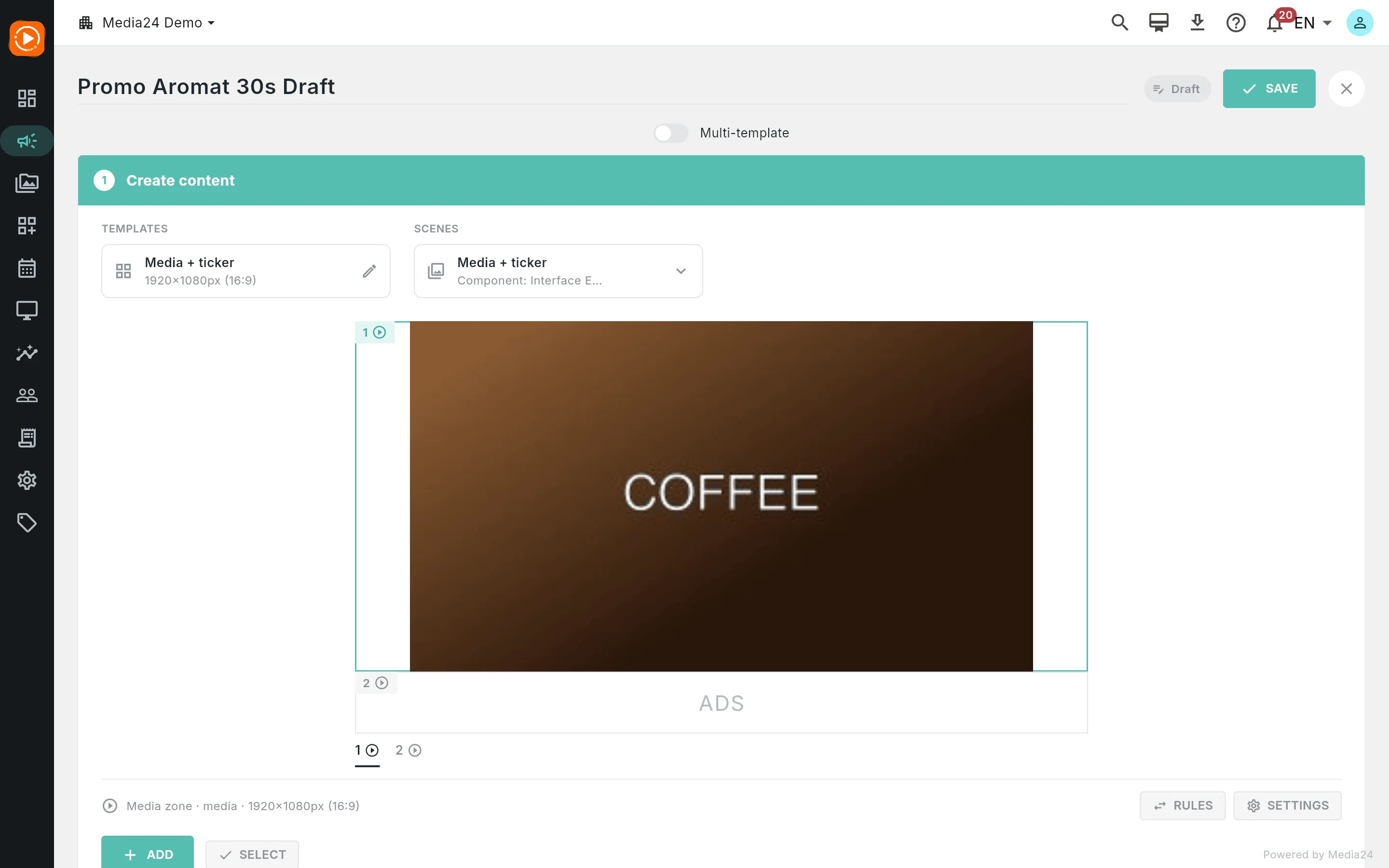The campaign editor: an editable title, a Draft status pill, a SAVE button, and step 1 Create content expanded with a template card