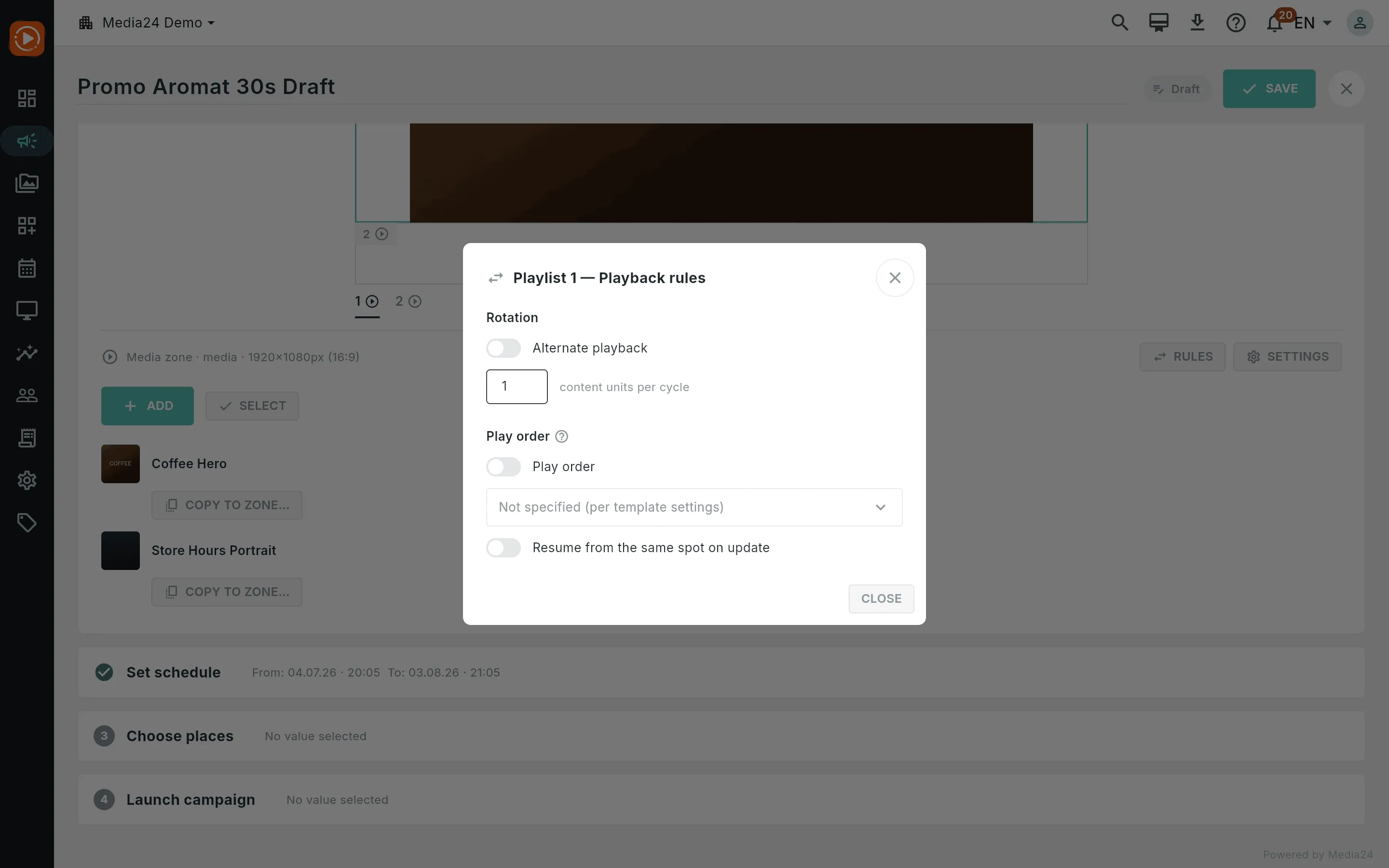 The zone Rules dialog: alternate playback, units per cycle, play order, and resume-on-switch