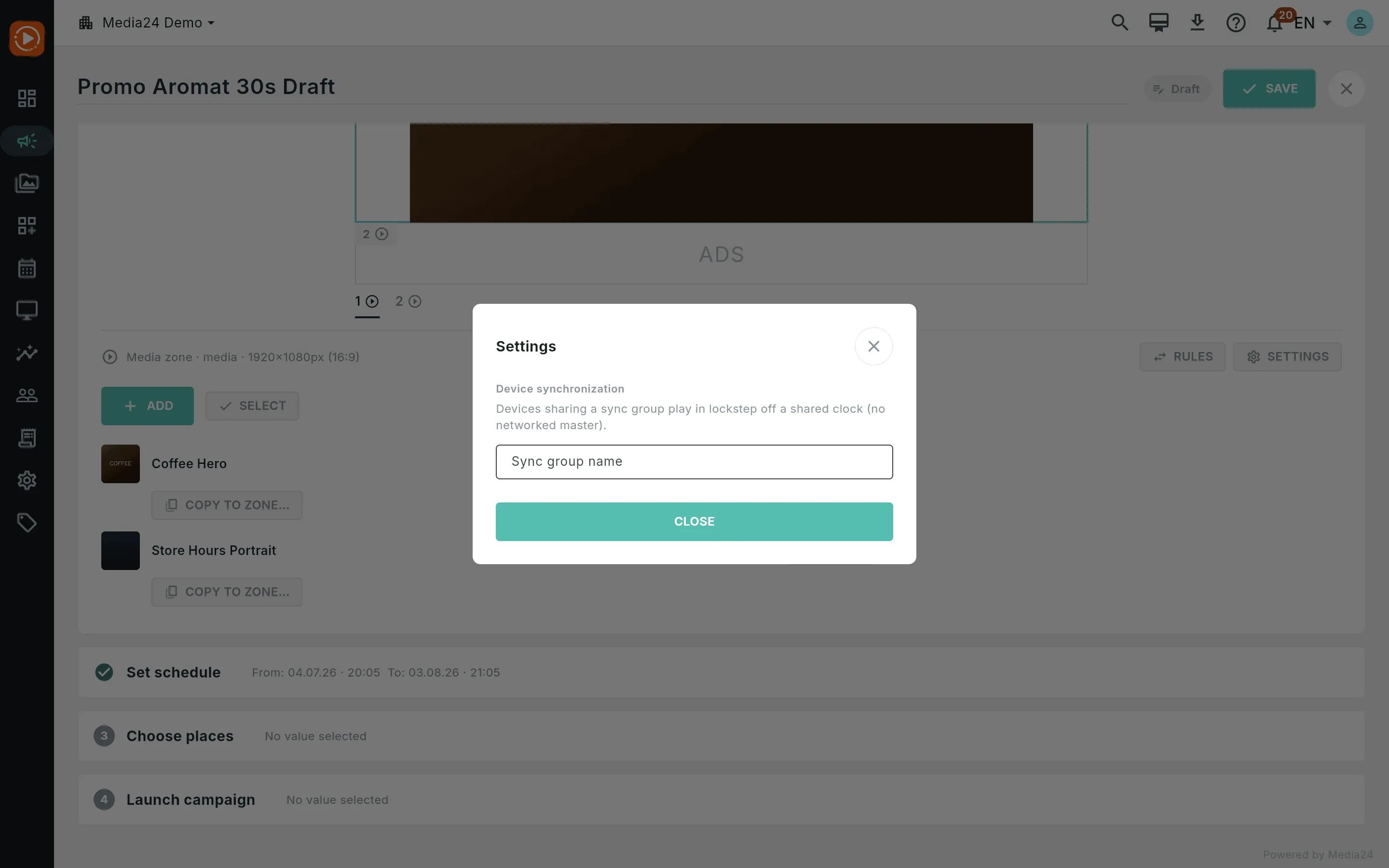 The zone Settings dialog with a sync group name and a master toggle